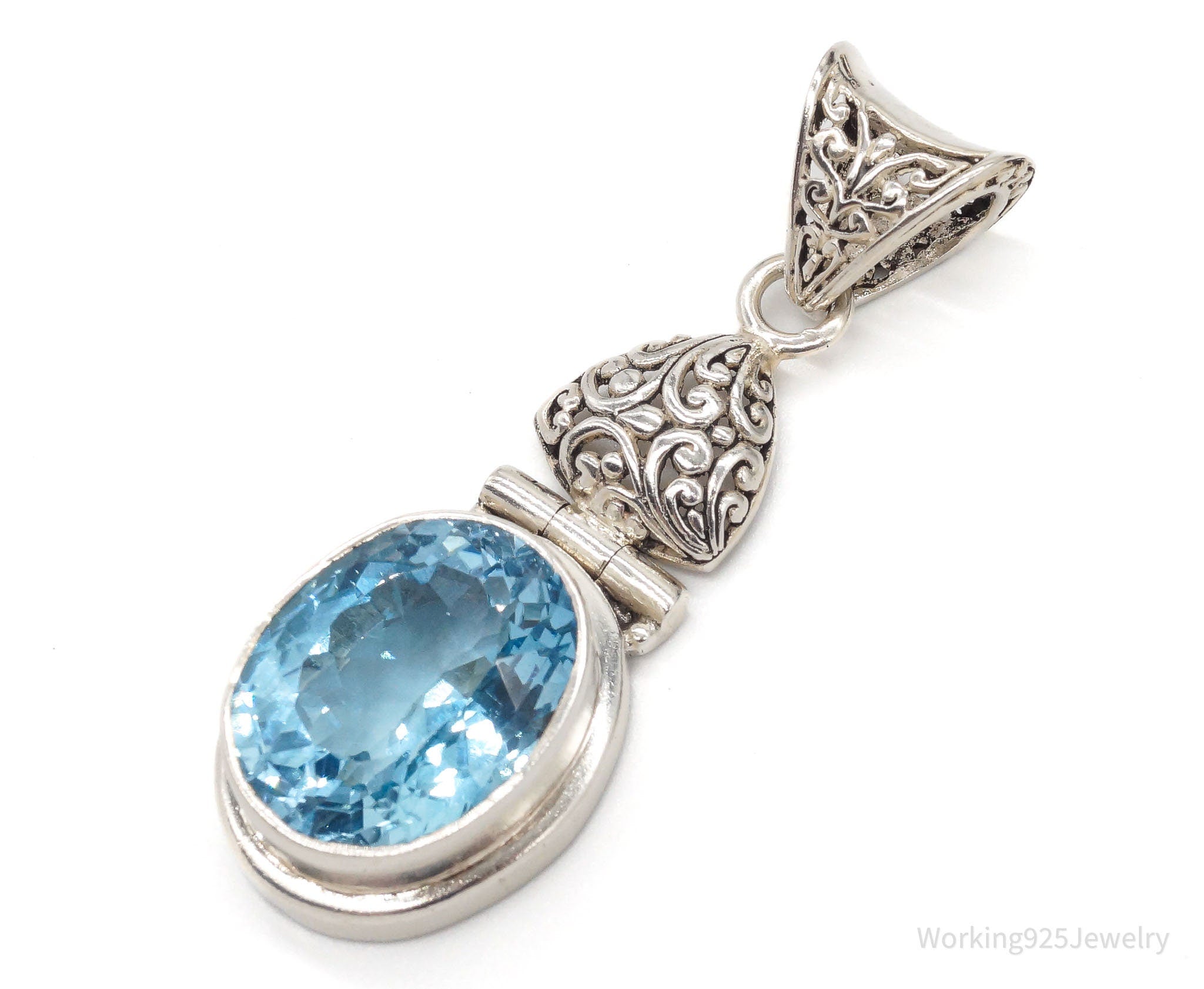 Large Vintage Blue Topaz Sterling Silver Necklace Pendant