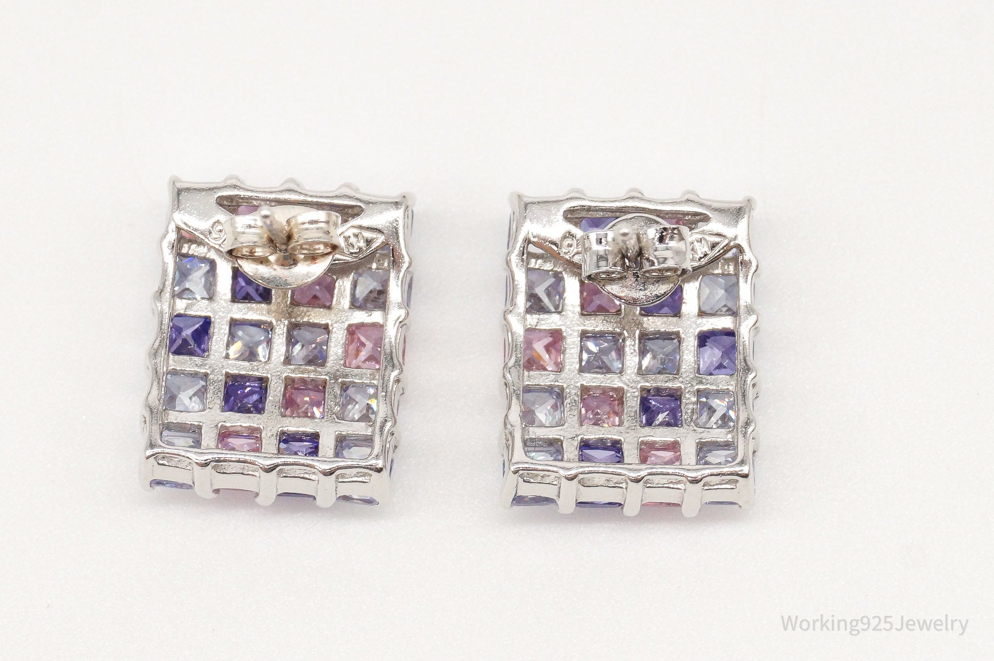 Vintage Designer White Pink & Purple Cubic Zirconia Sterling Silver Earrings