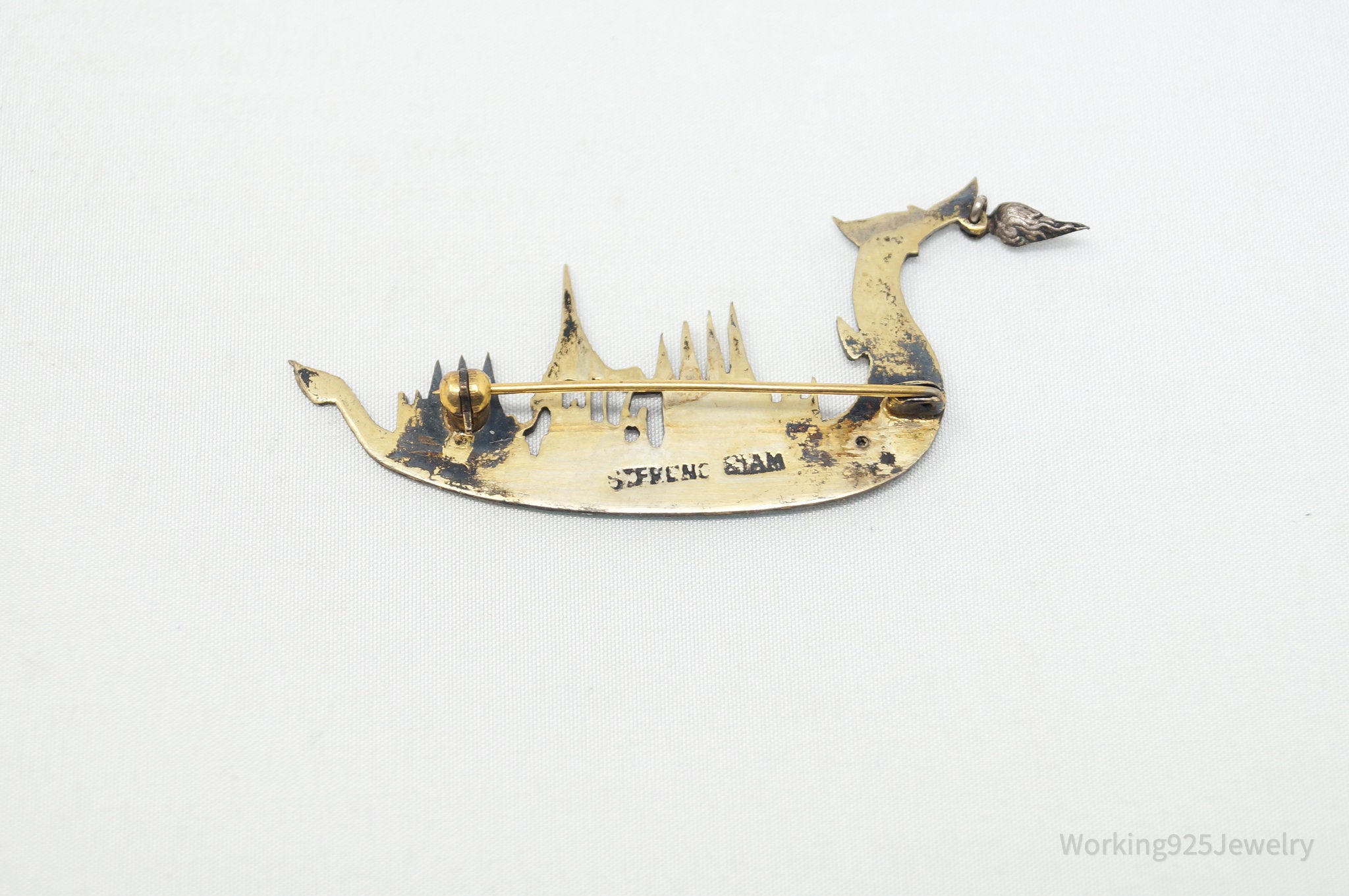 Vintage Designer SIAM Suphanahongse Viking Ship Enamel Sterling Silver Brooch