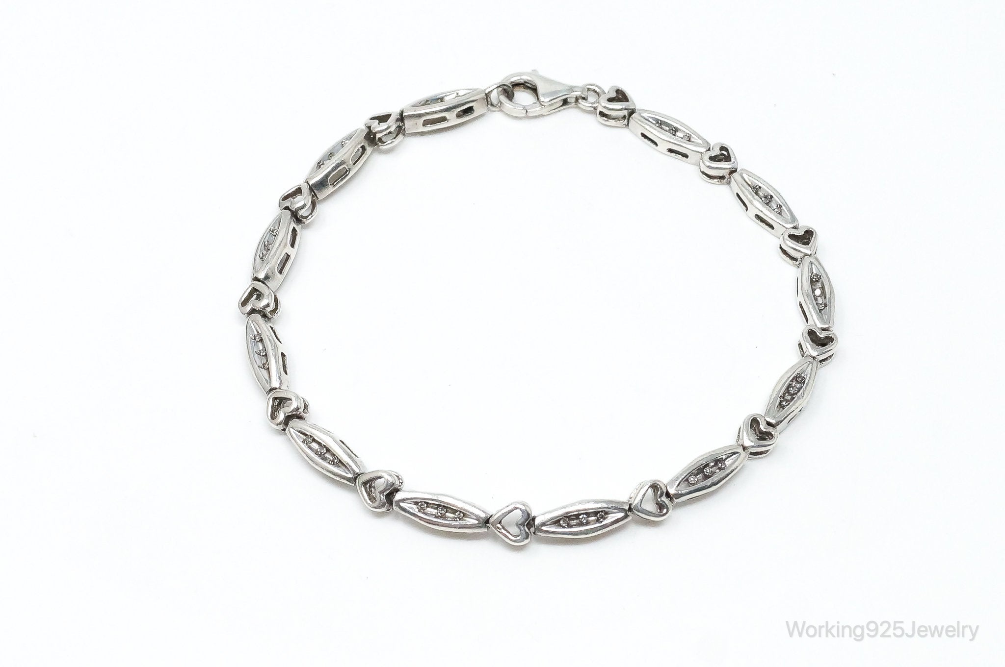 Vintage Diamonds Linked Hearts Sterling Silver Bracelet