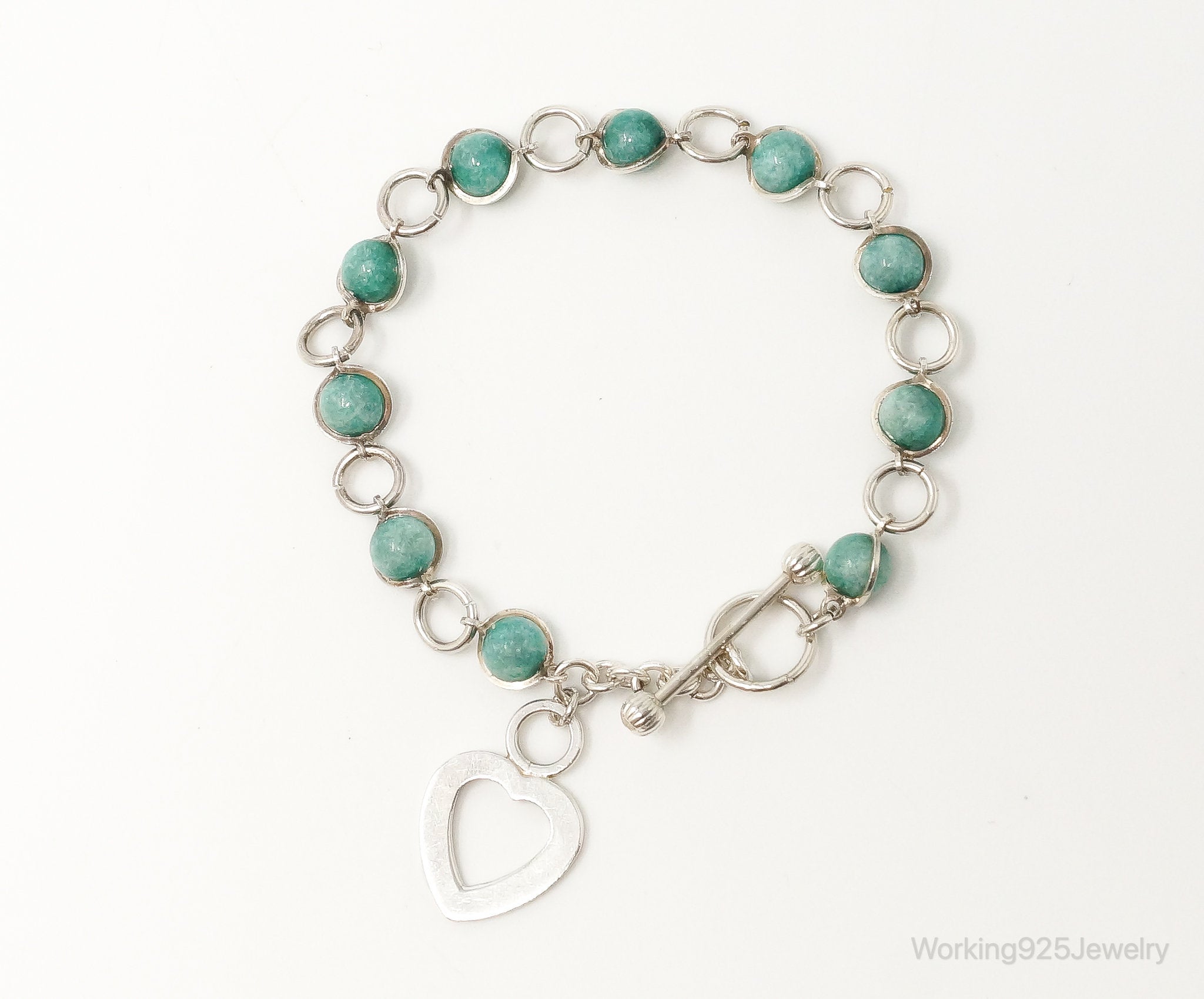 Vintage Amazonite Beads Sterling Silver Heart Charm Toggle Bracelet