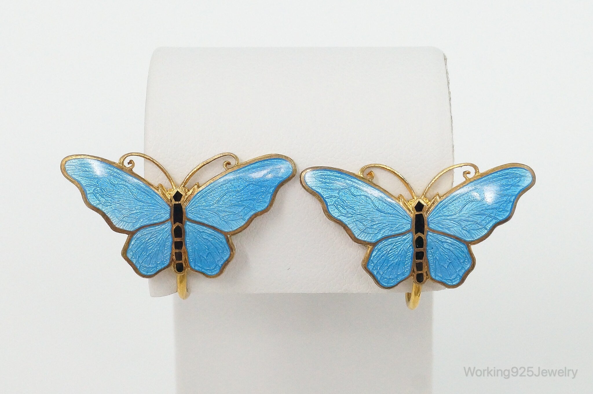 Vintage Blue Enamel Butterflies Gold Vermeil Silver Screw Back Earrings