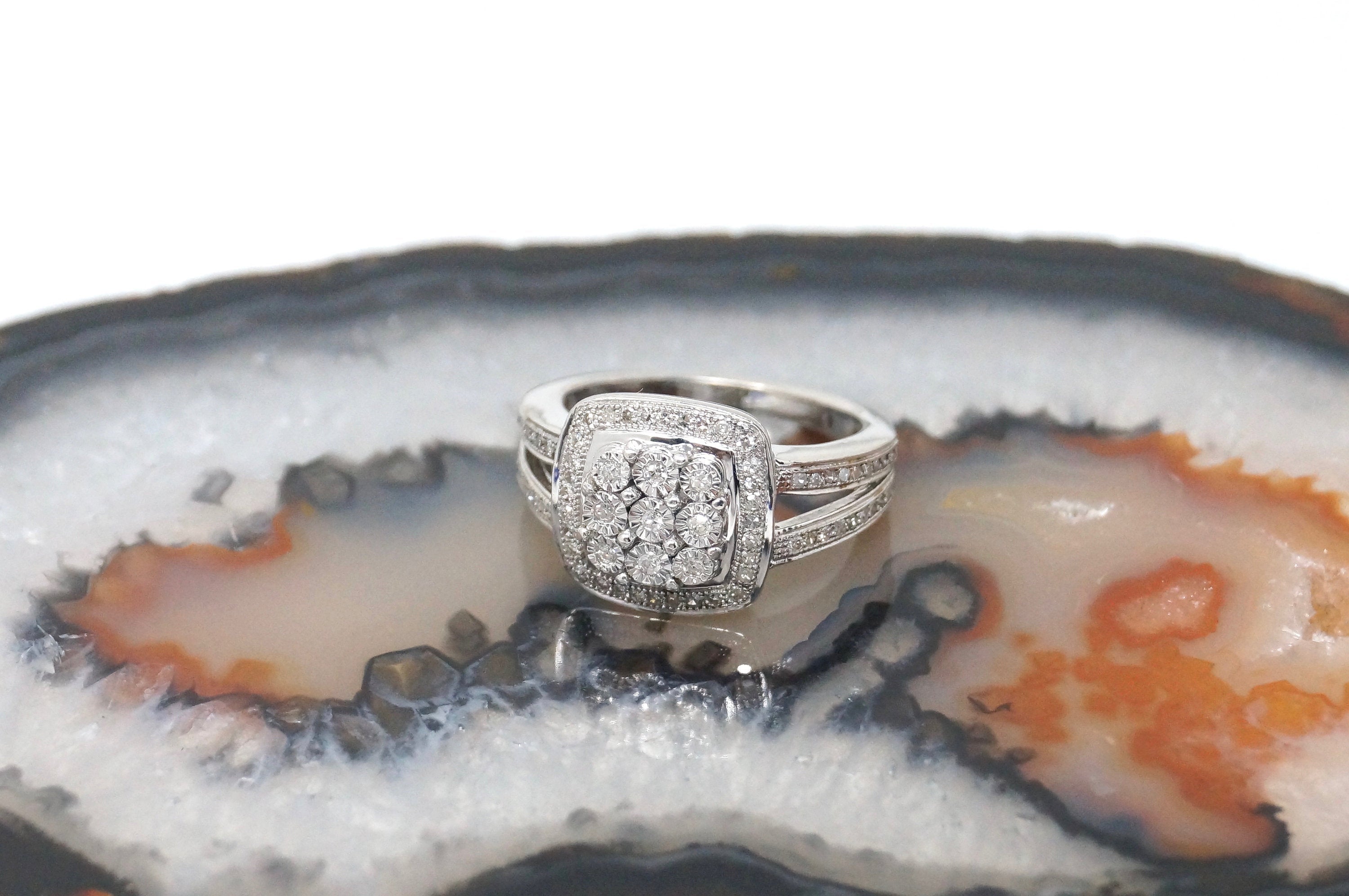 Stunning Vintage Diamond Platinum Over Sterling Silver Statement Ring - Size 6