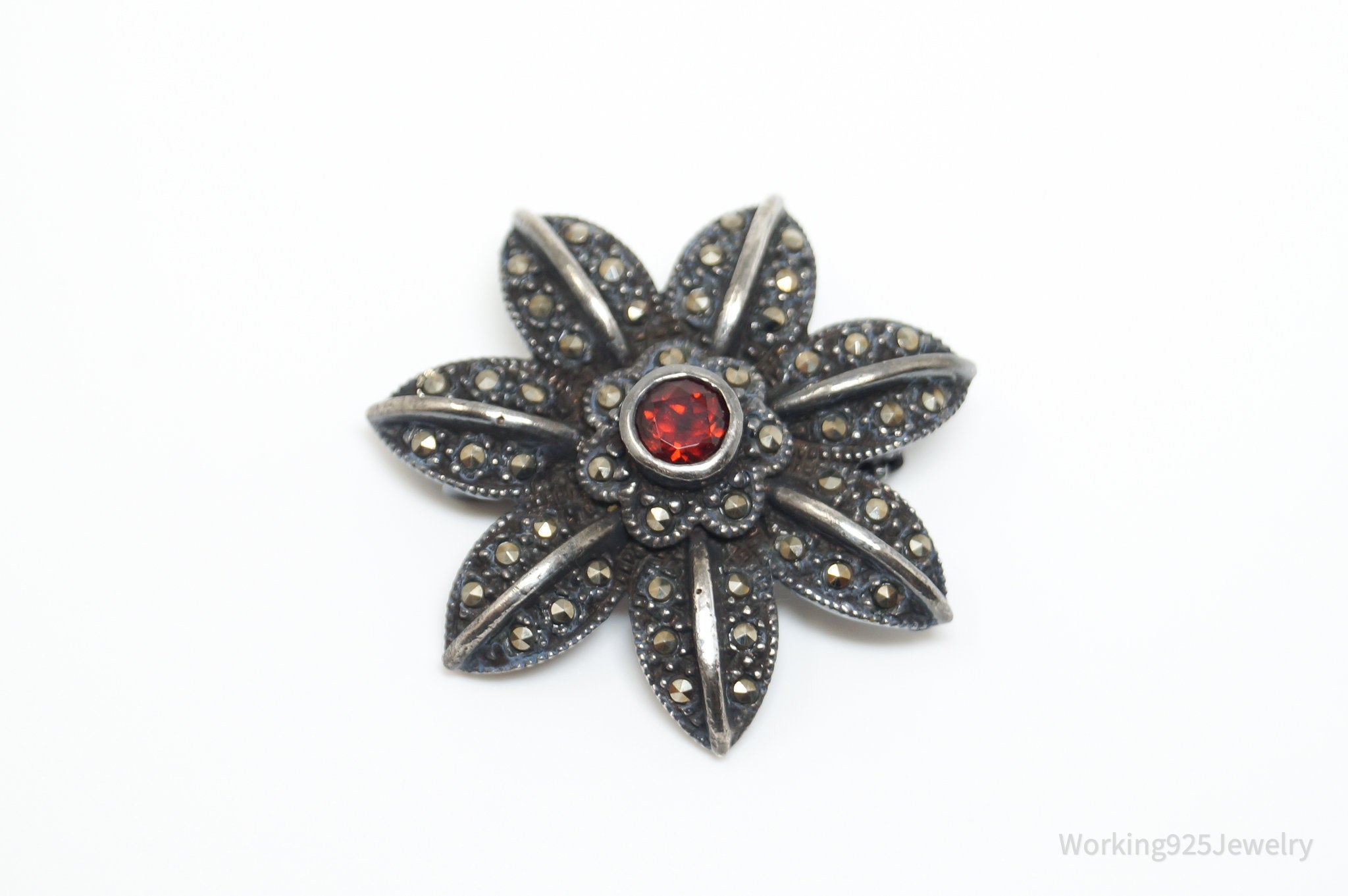 Vintage Garnet Marcasite Art Deco Style Floral Sterling Silver Brooch Pin