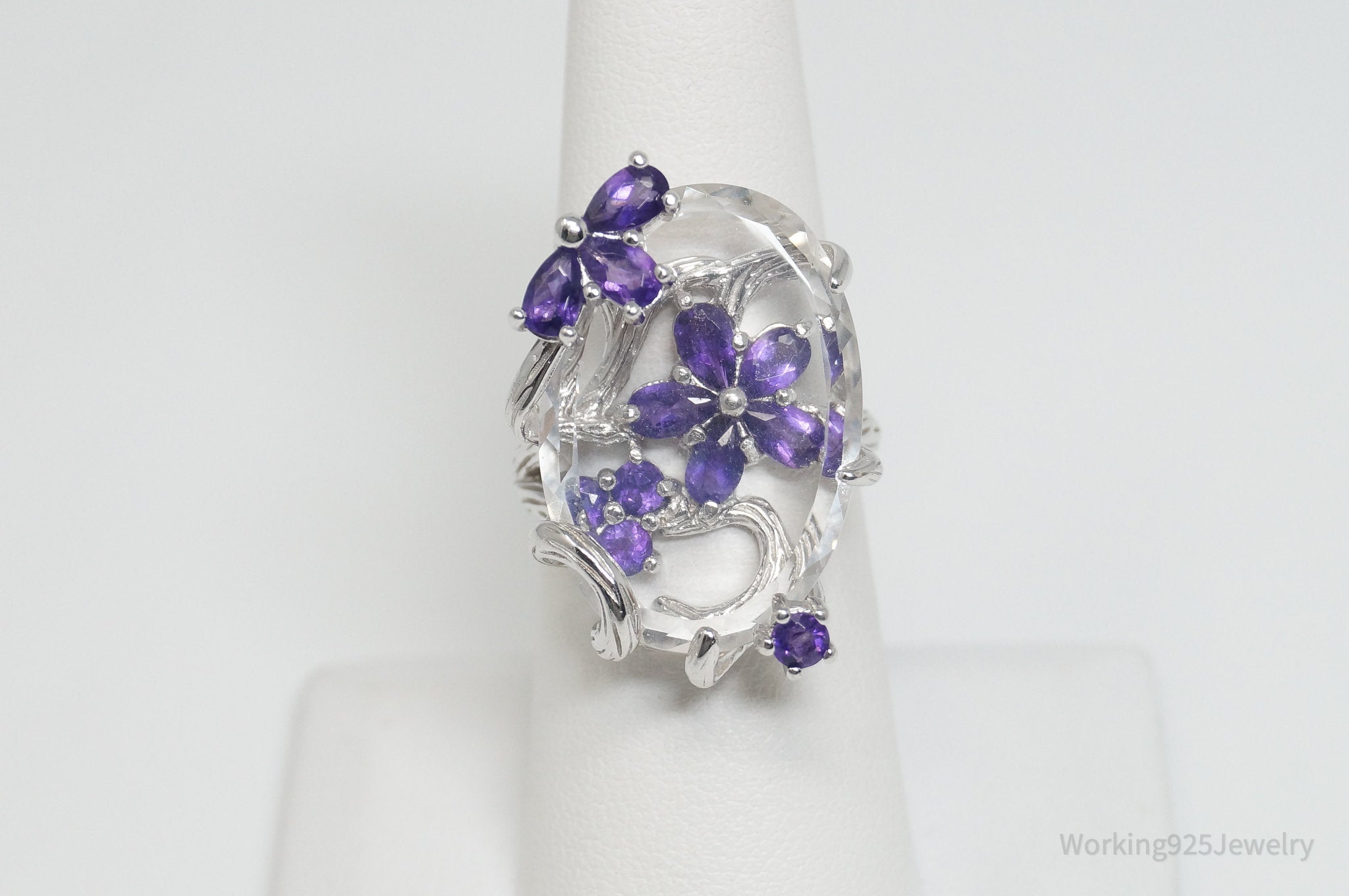 Vintage Designer Ross Simons Amethyst Crystal Sterling Silver Vine Ring - Sz 7