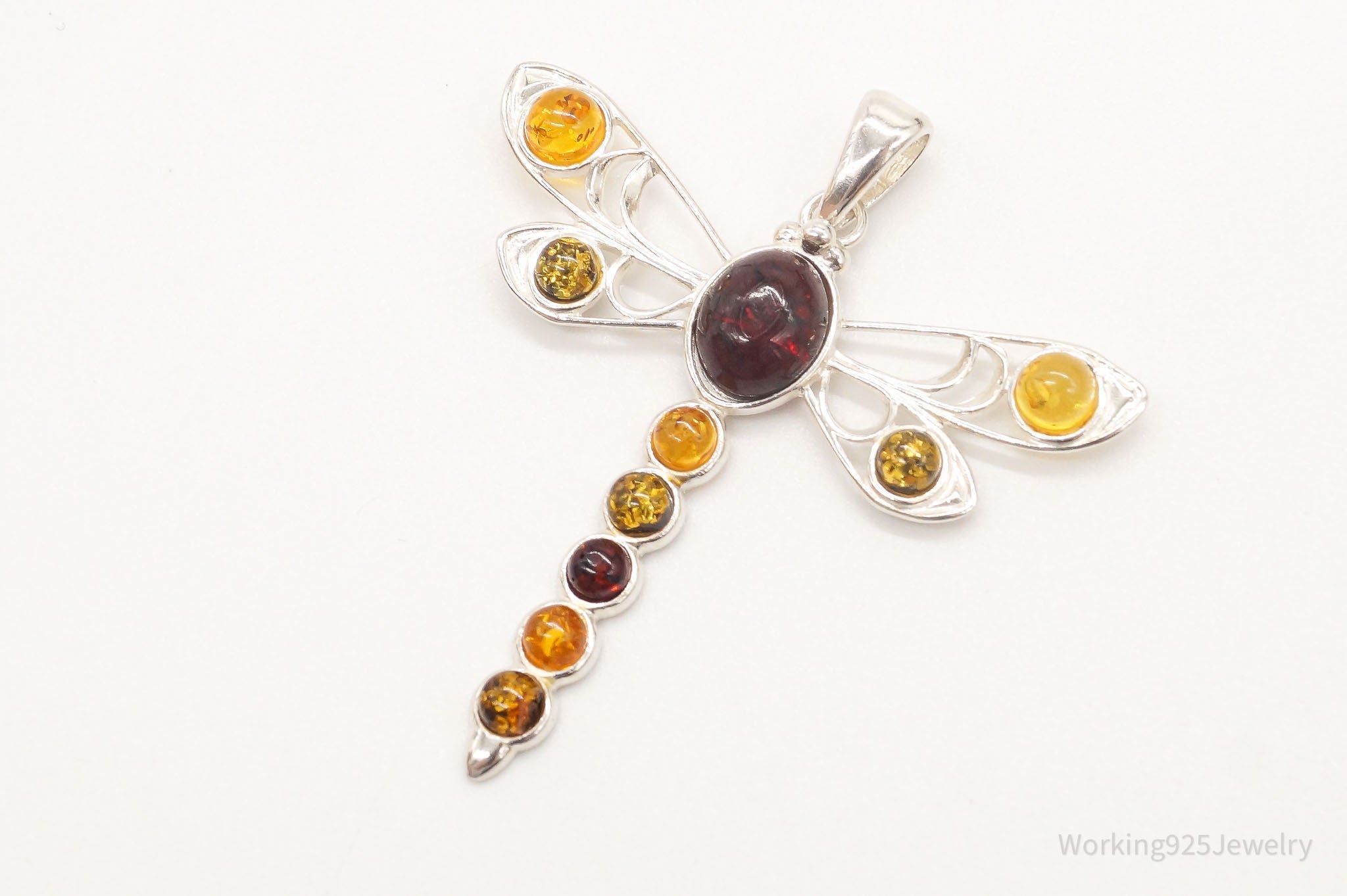 Large Vintage Polish Multi Type Amber Dragonfly Sterling Silver Pendant