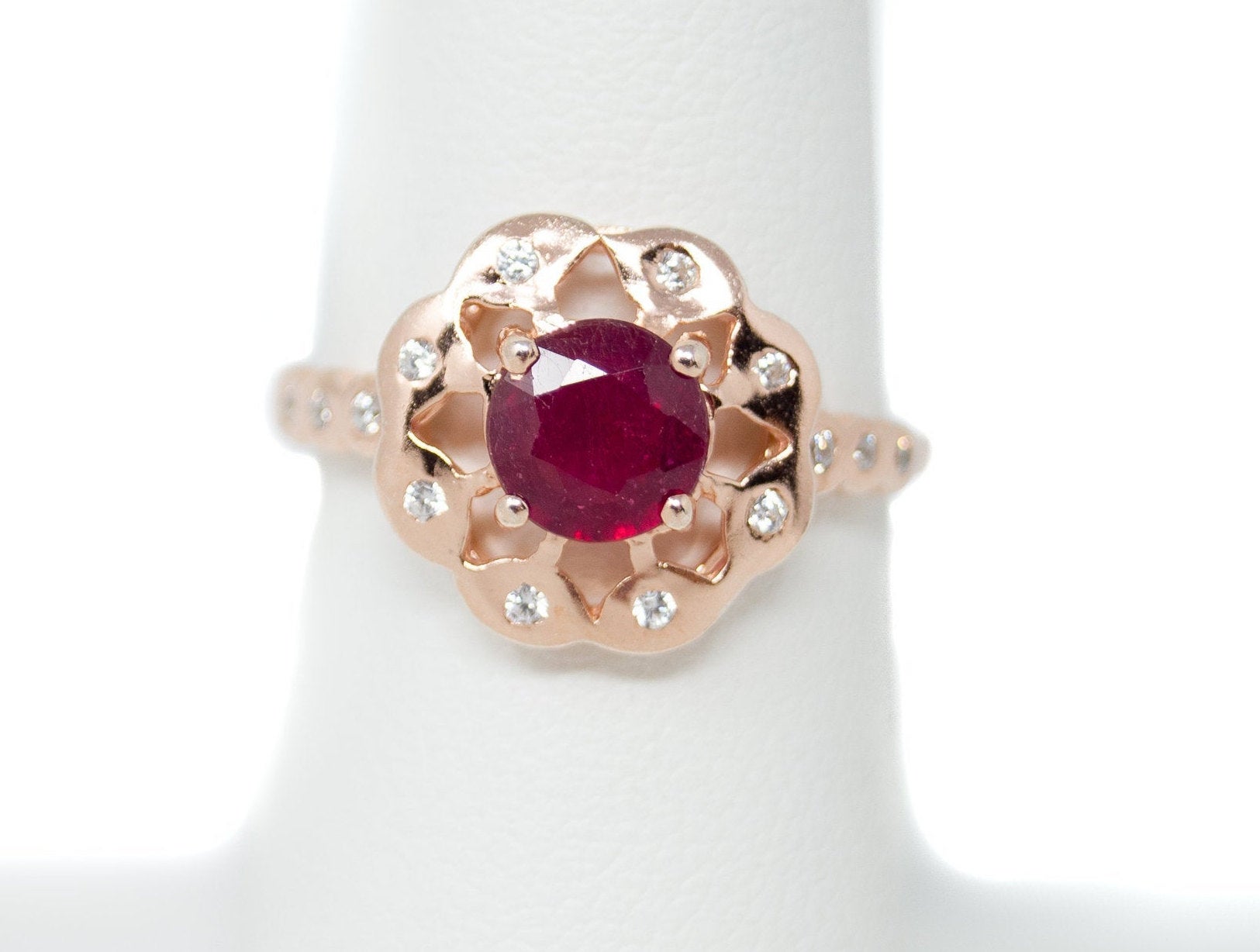 Vintage Deco Style Ruby CZ Rose Gold Vermeil Sterling Silver Ring - Sz 5.75