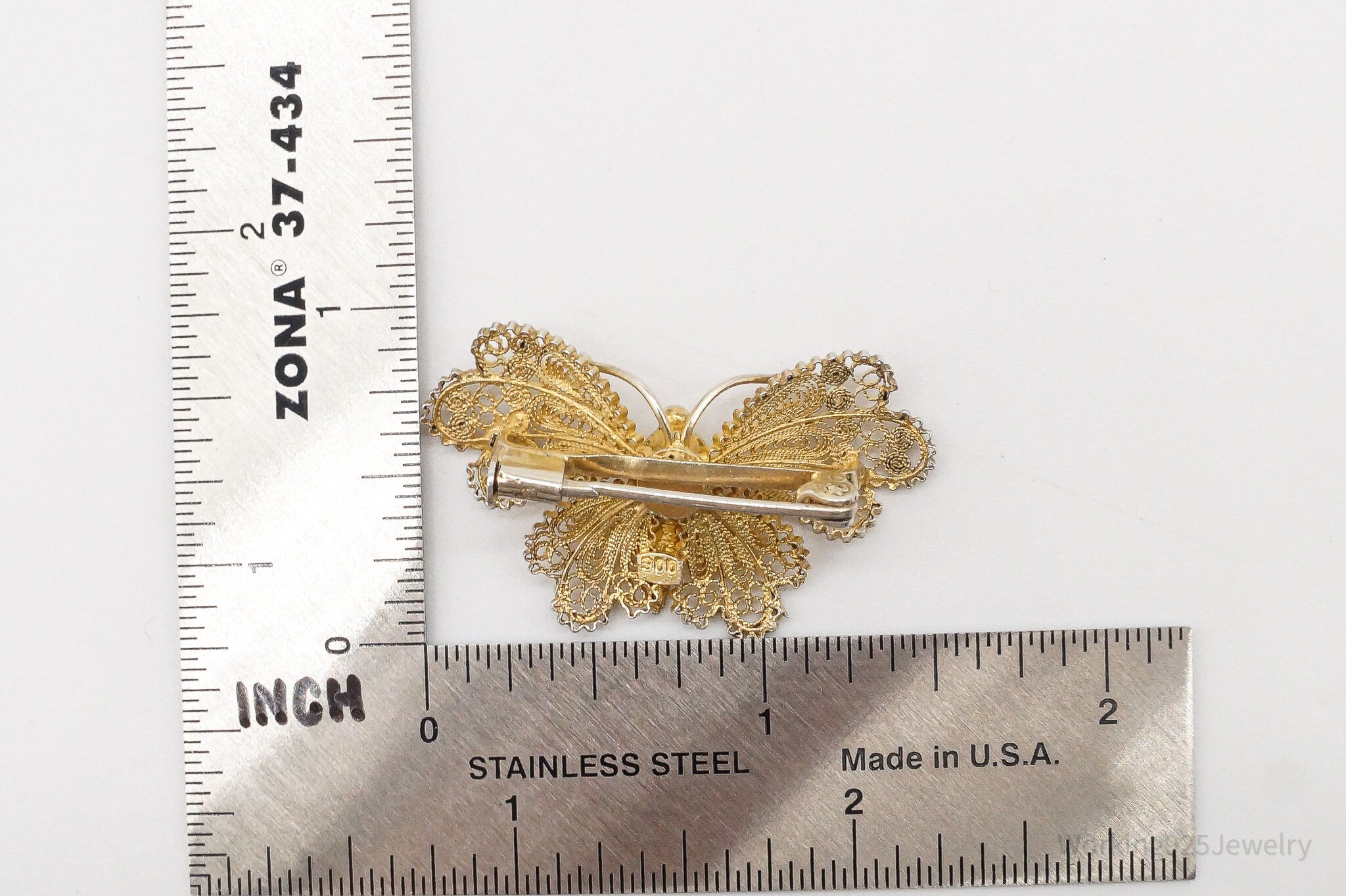 Antique Filigree Butterfly 900 / Sterling Silver Gold Wash Brooch Pin