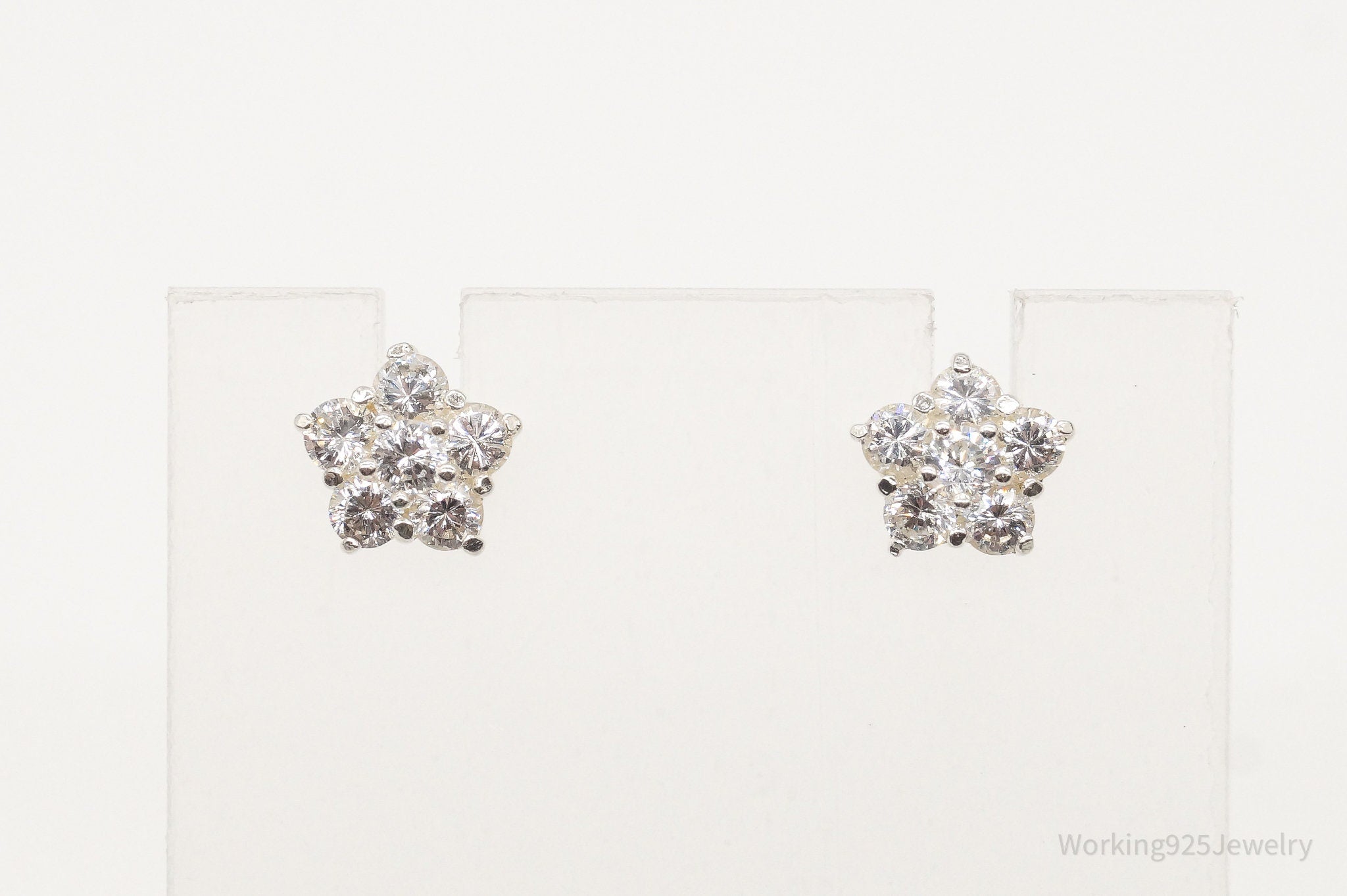 Vintage Cubic Zirconia Flowers Sterling Silver Stud Post Earrings