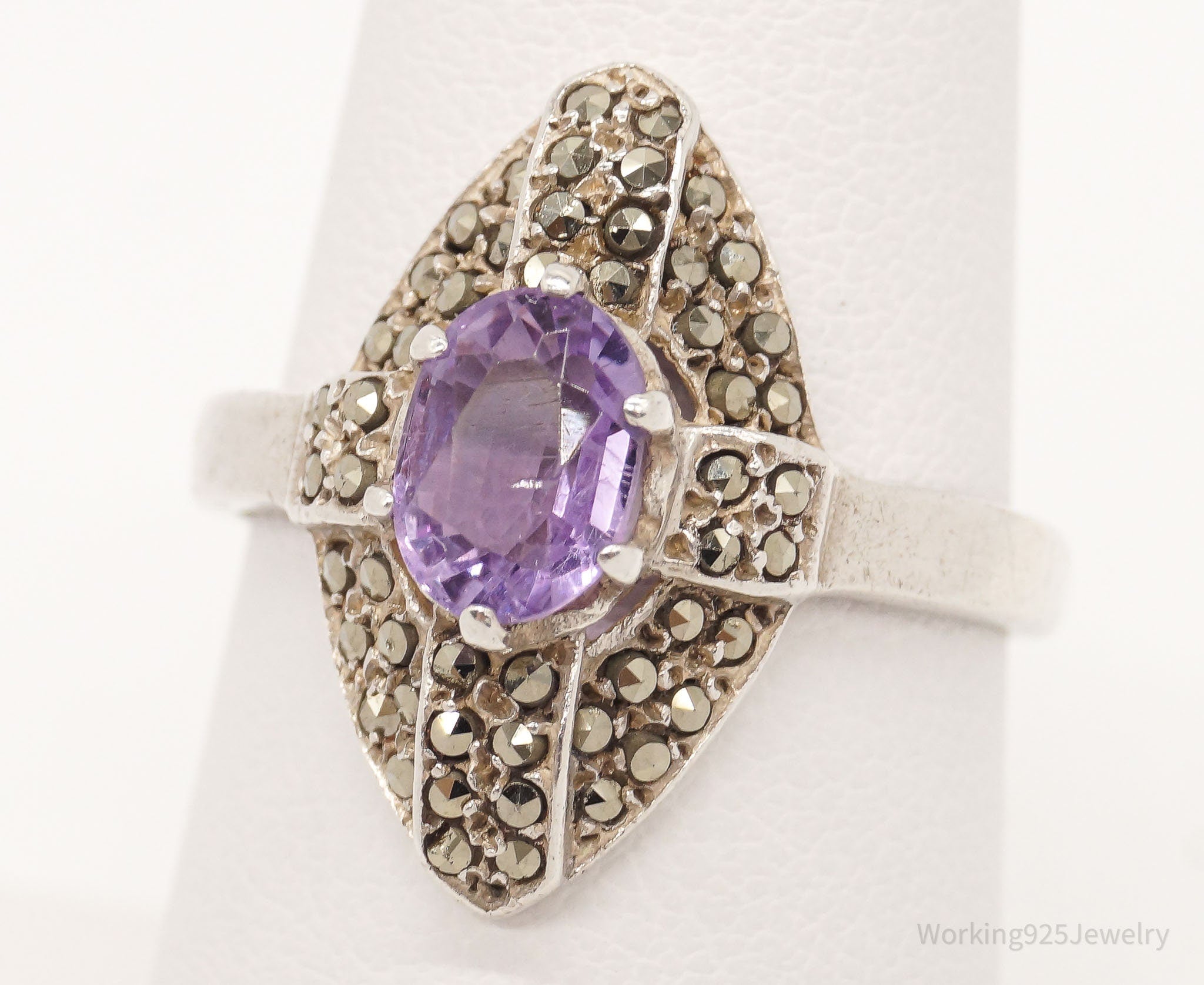 Vintage Amethyst Marcasite Sterling Silver Ring - Size 8