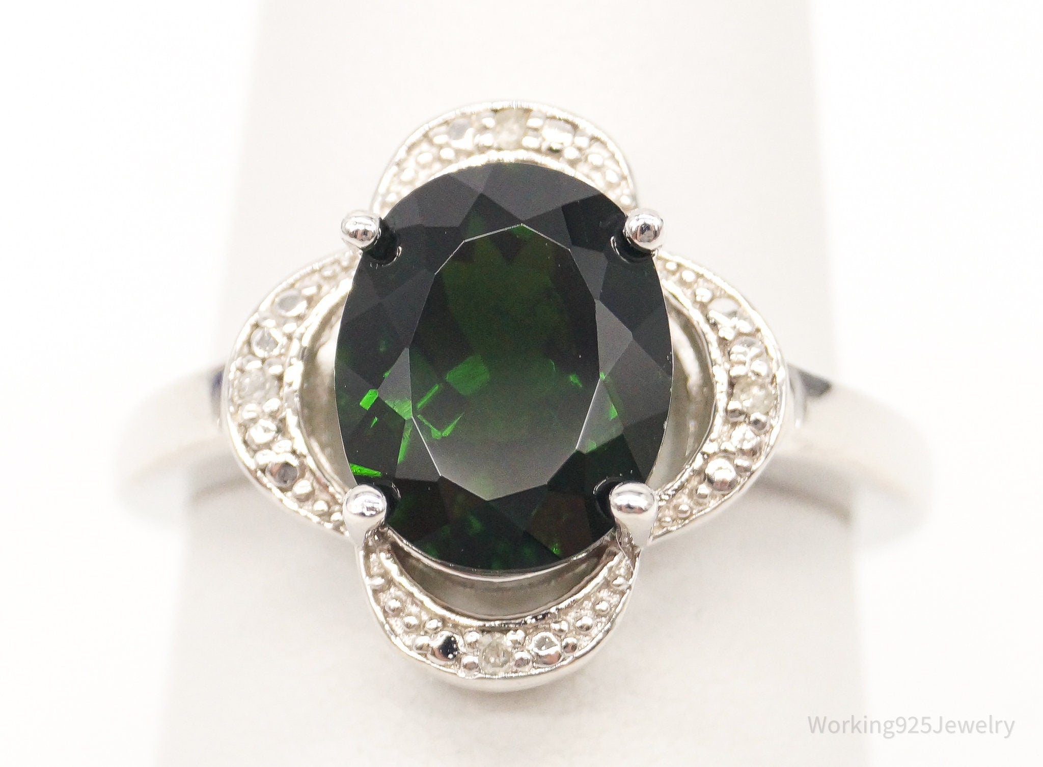 Vintage Designer BBJ Green Stone 4 Diamond Sterling Silver Ring - Size 6.75