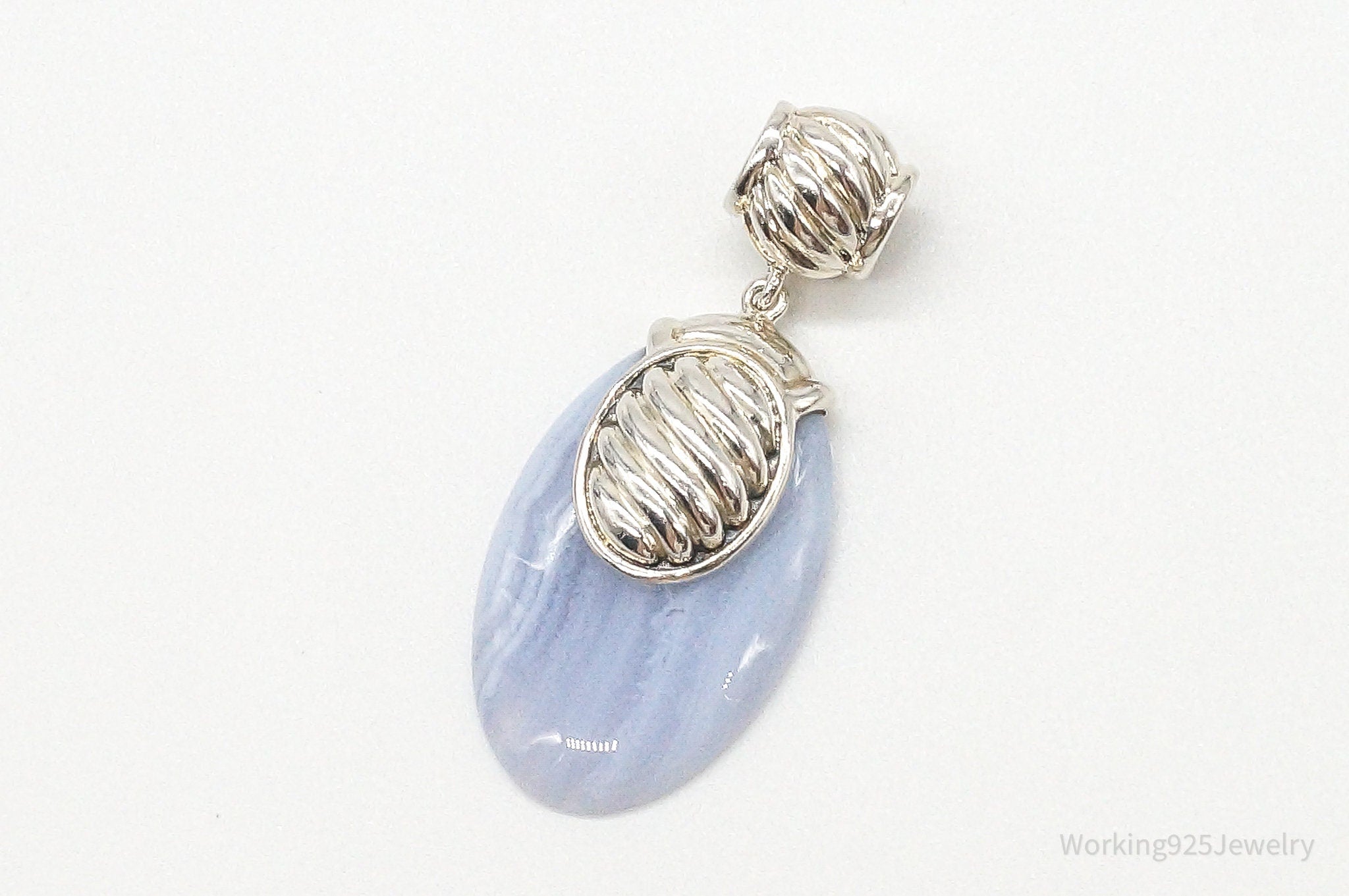 Large Vintage Blue Lace Agate Sterling Silver Pendant