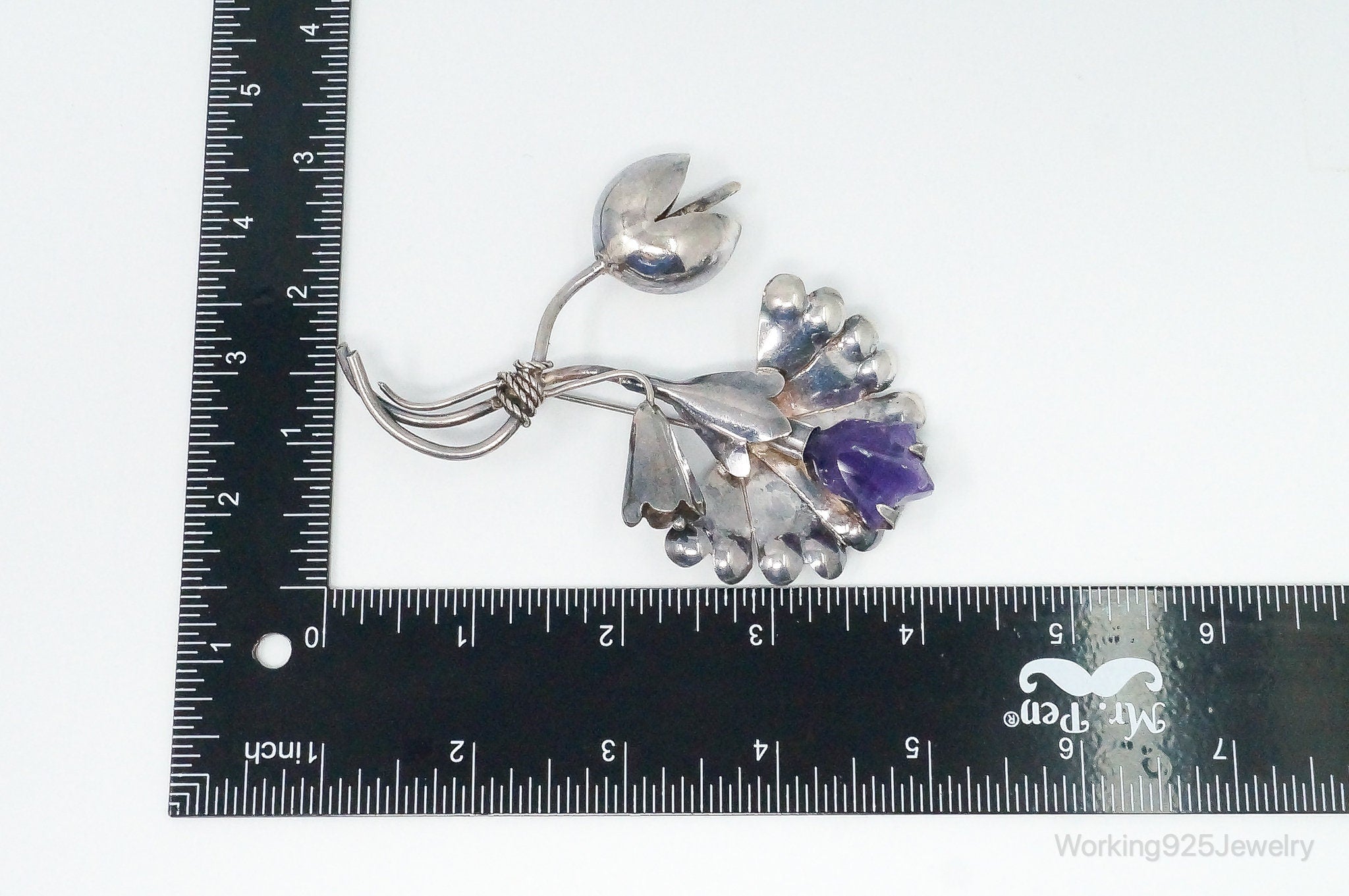 Large Vintage Mexico Modernist Amethyst Flower Sterling Silver Brooch Pin