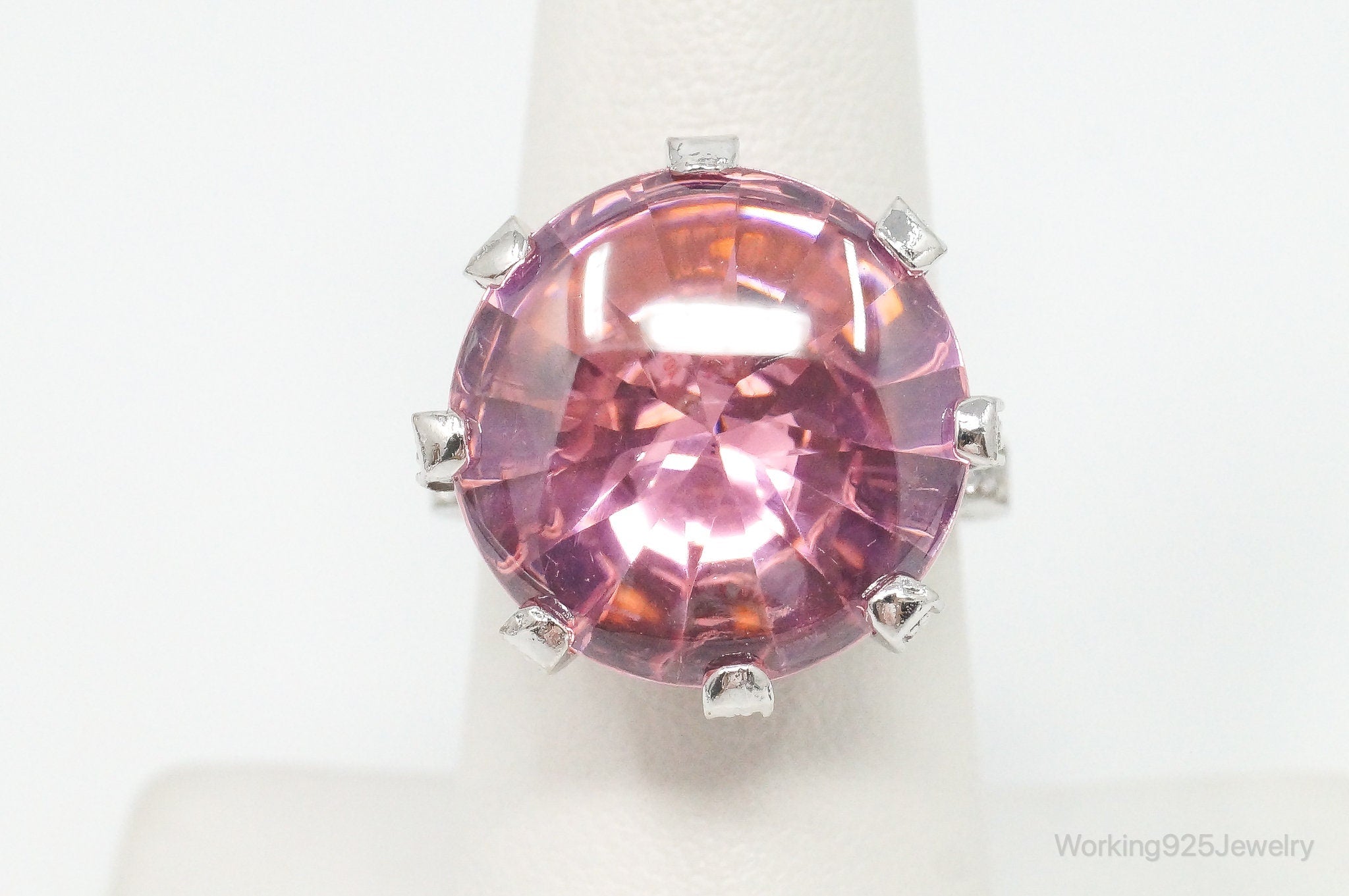 Designer Large Pink Art Glass Cubic Zirconia Sterling Silver Ring Size 7