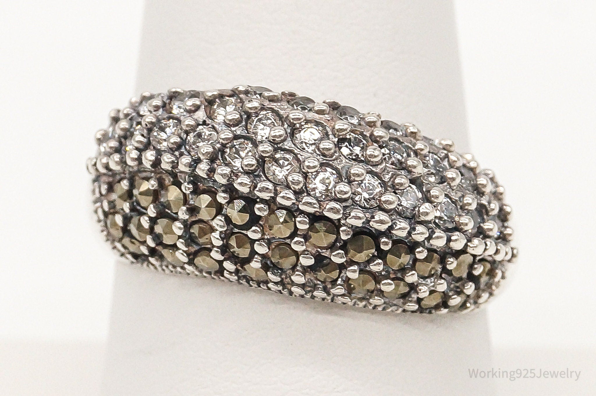 Vintage Cubic Zirconia Marcasite Sterling Silver Ring - Size 8.75