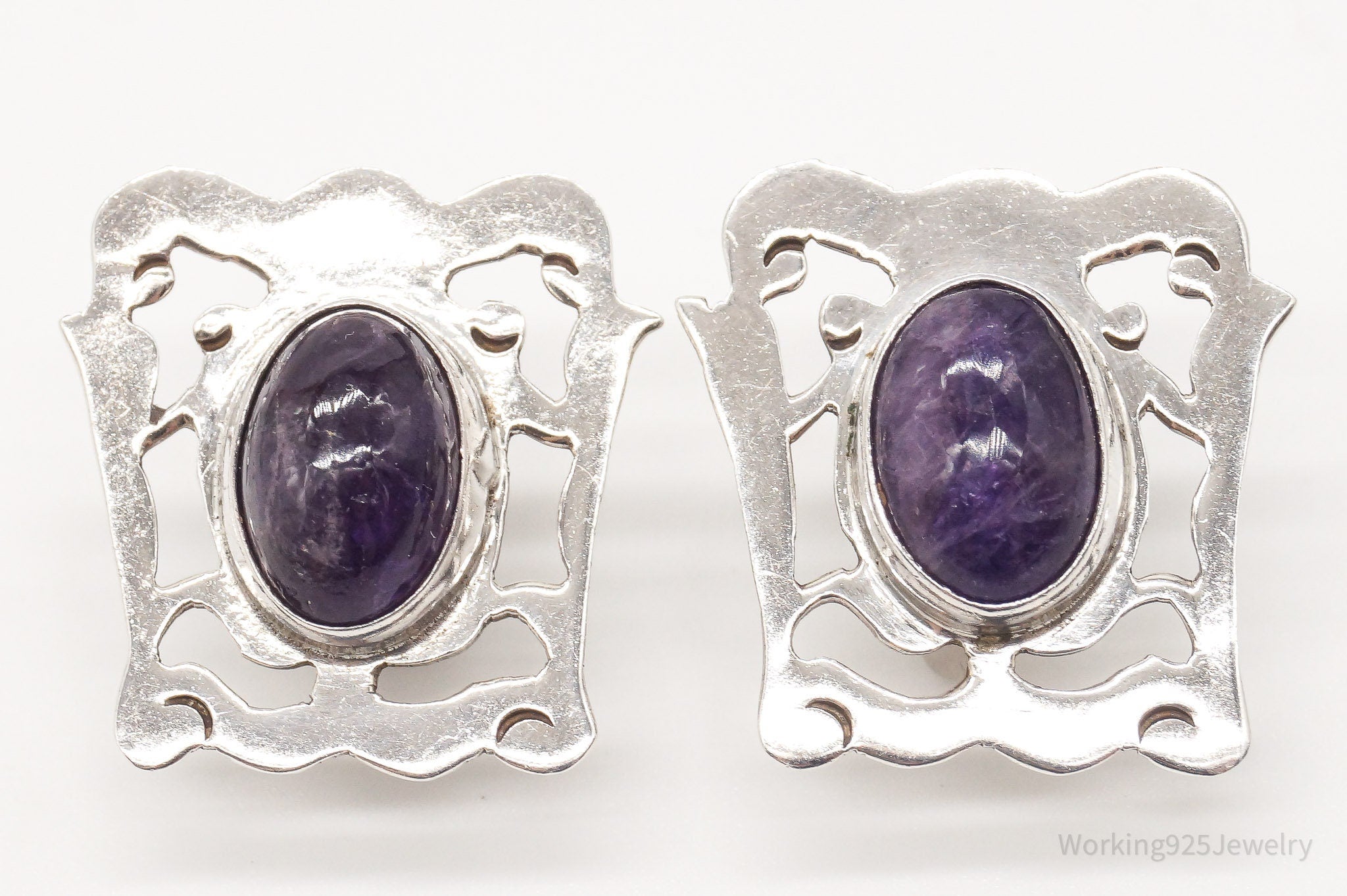 RARE Vintage Plateria Farfan Mexico Amethyst Sterling Silver Screw Back Earrings