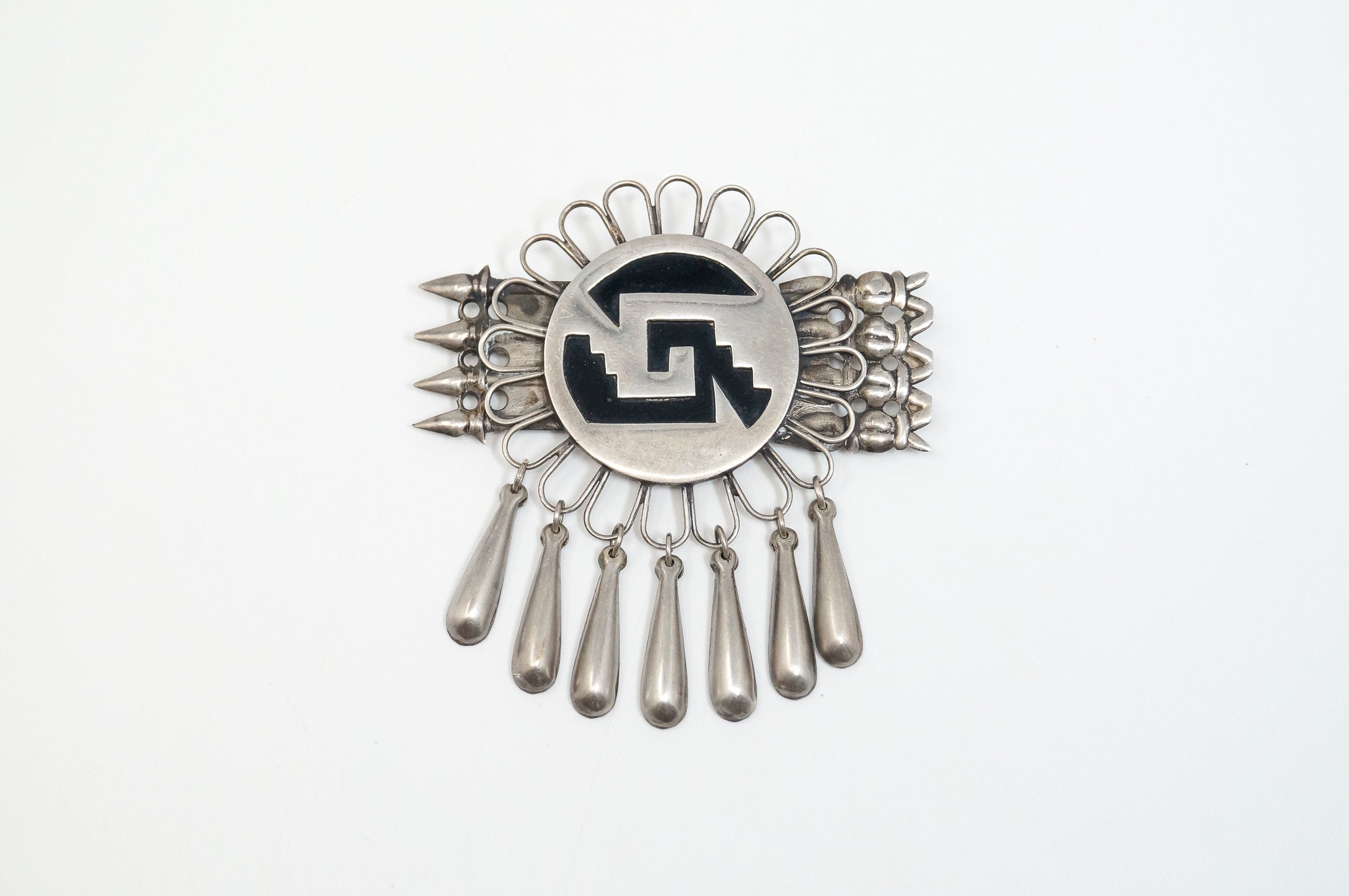 Large Vintage Mexico Handmade Aztec Dangle Silver Brooch Pin