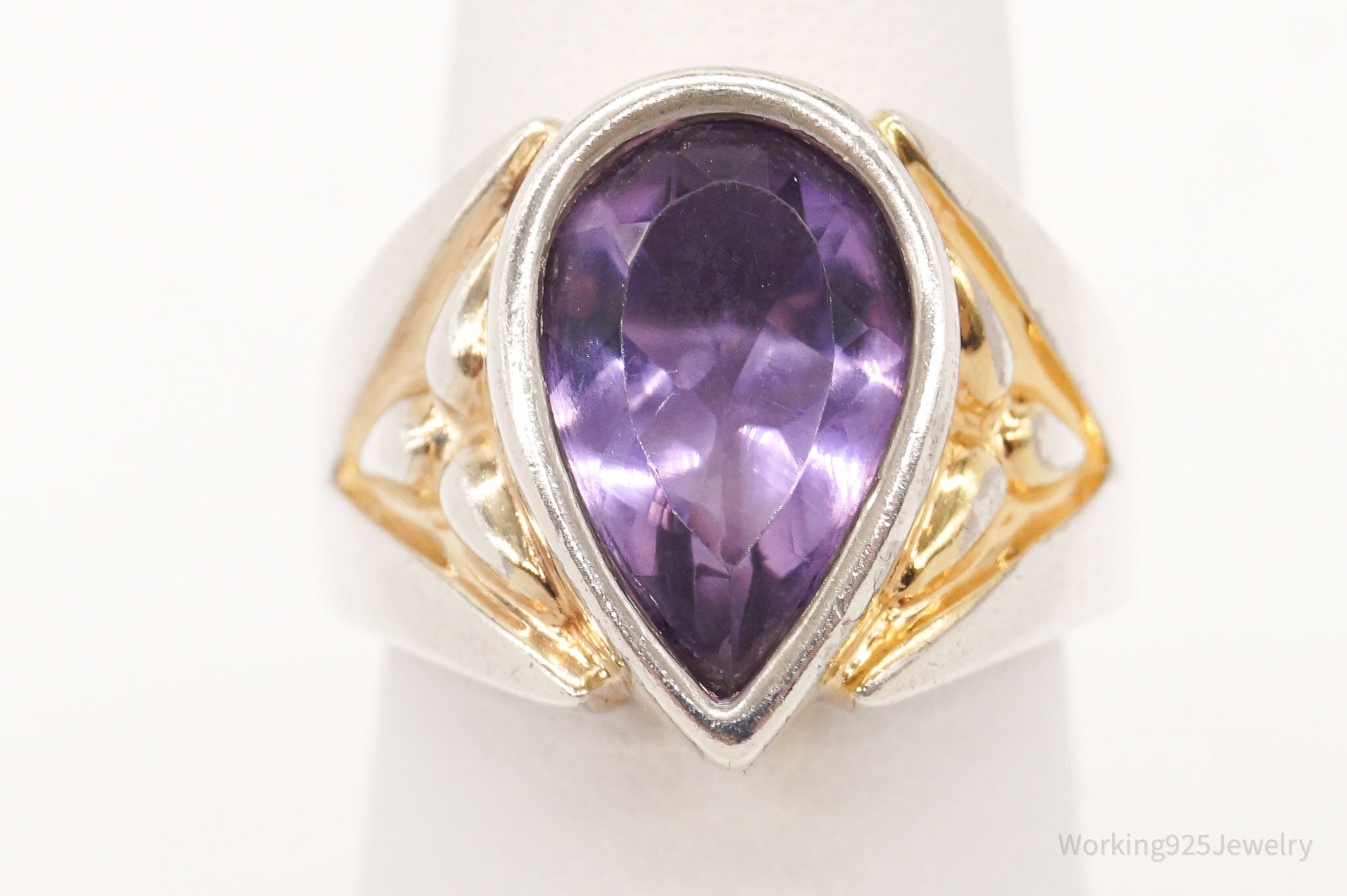 Vintage Large Amethyst Gold Vermeil Sterling Silver Ring - Size 7.25