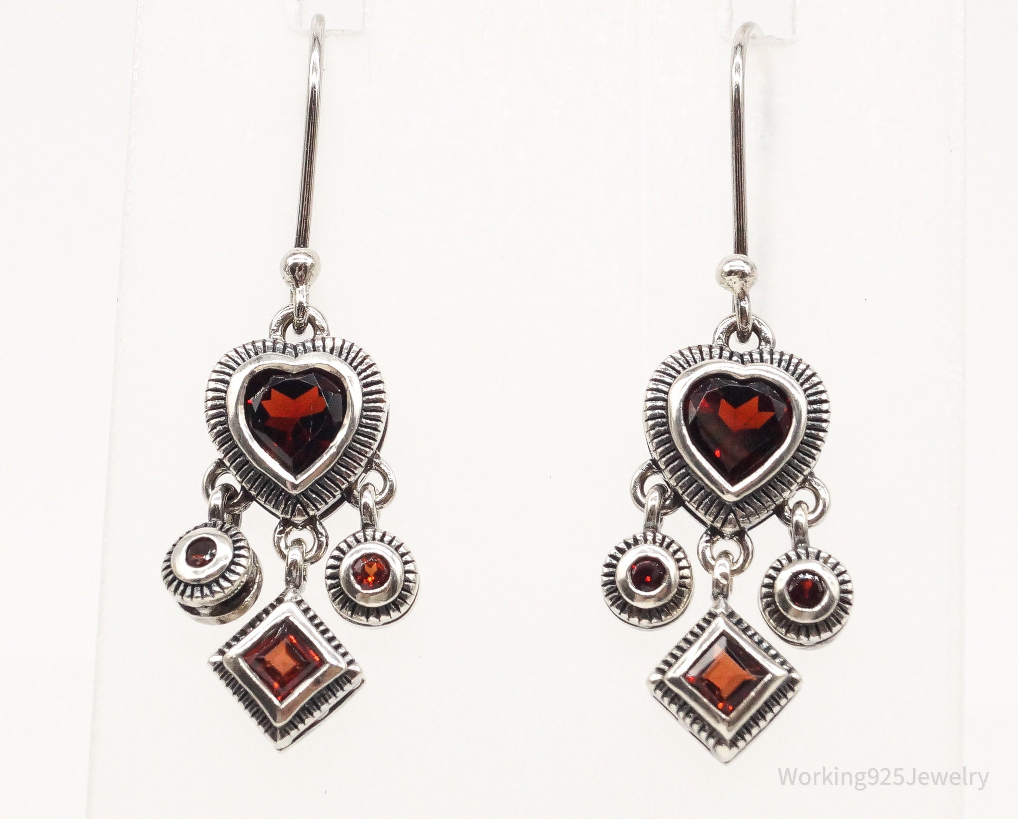 Vintage Garnet Hearts Sterling Silver Earrings