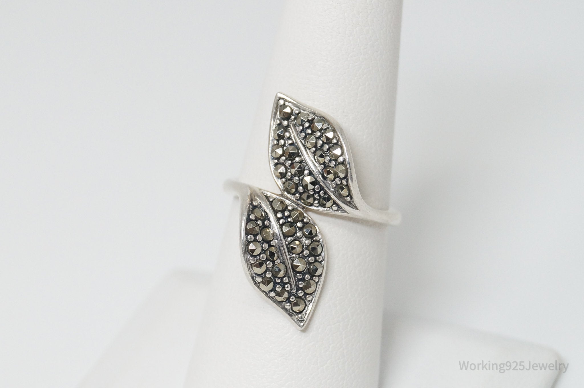 Vintage Floral Marcasite Leaf Wrap Plant Lover Sterling Silver Ring - Sz 7