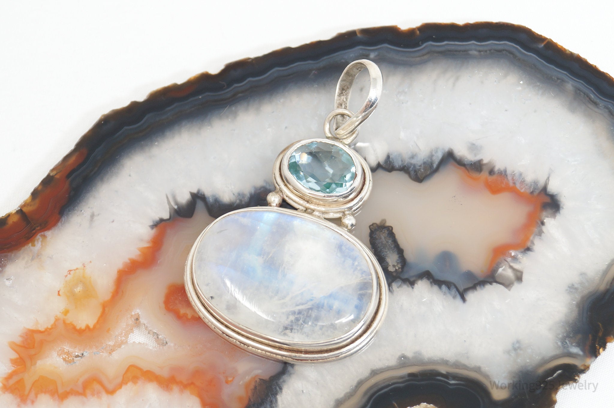 Vintage Blue Topaz Moonstone Sterling Silver Necklace Pendant