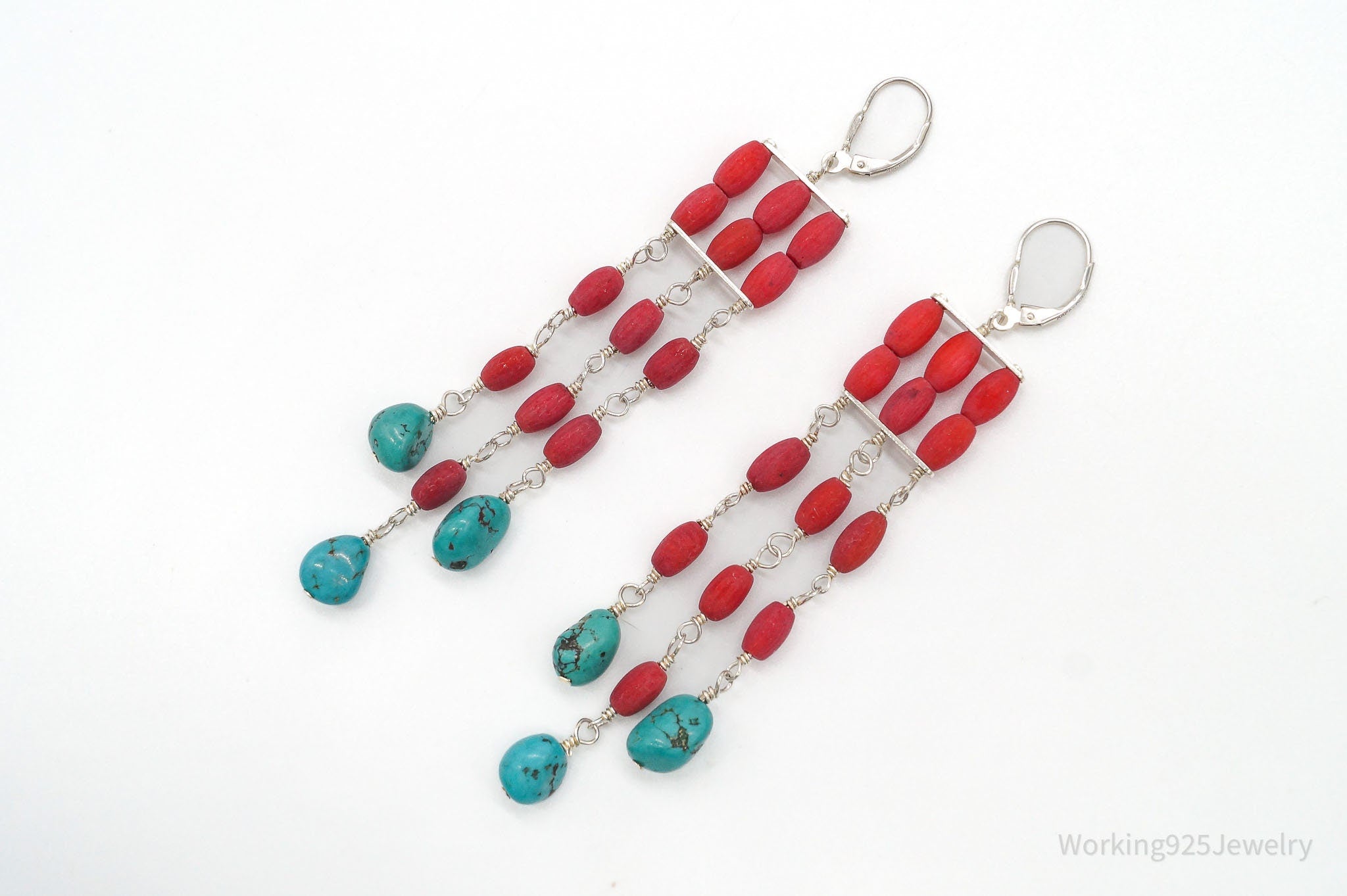 Designer SX Turquoise & Coral Sterling Silver Earrings