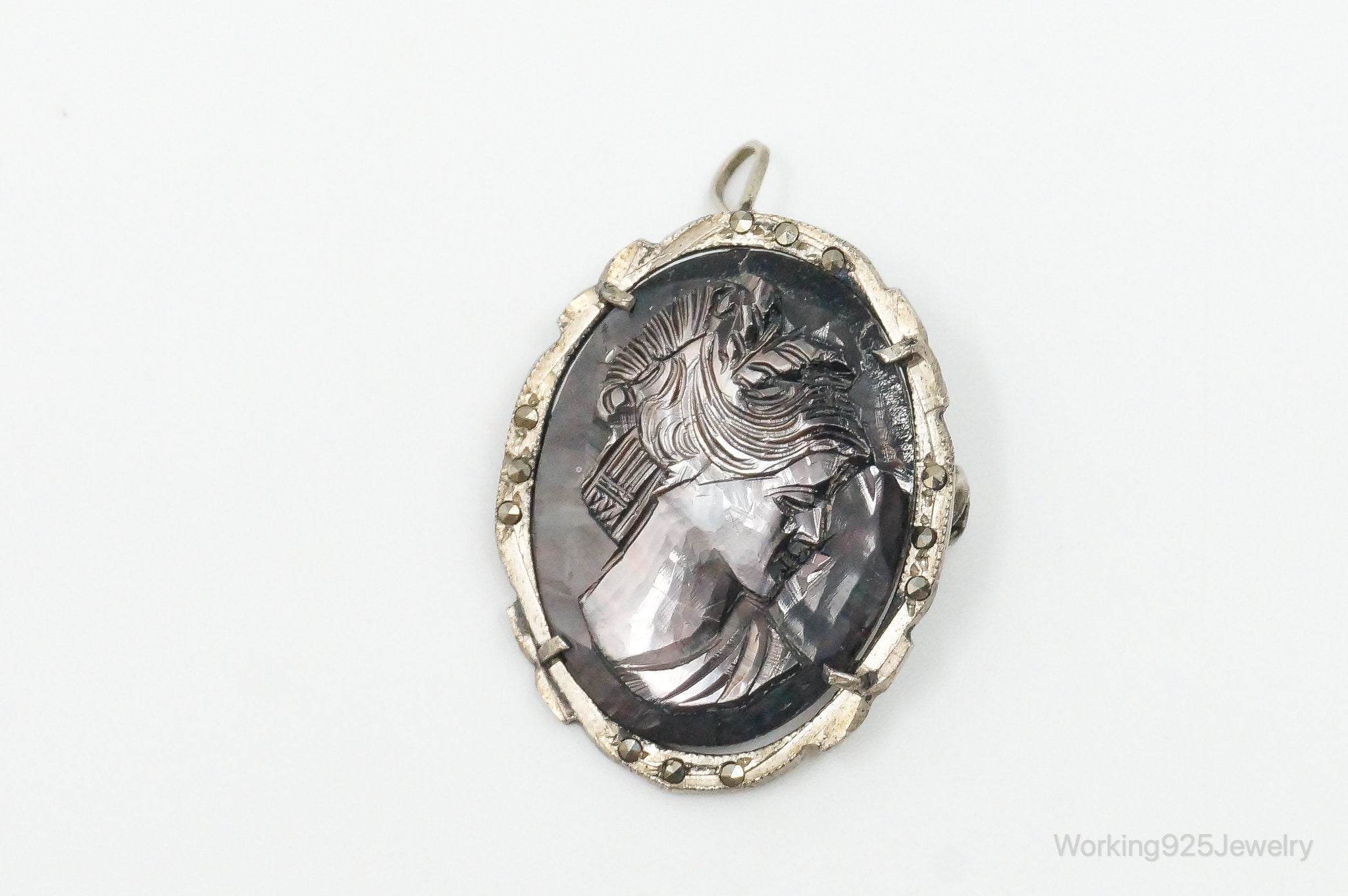 Antique Carved Abalone Shell Marcasite Woman Cameo 800 Silver Pendant Pin