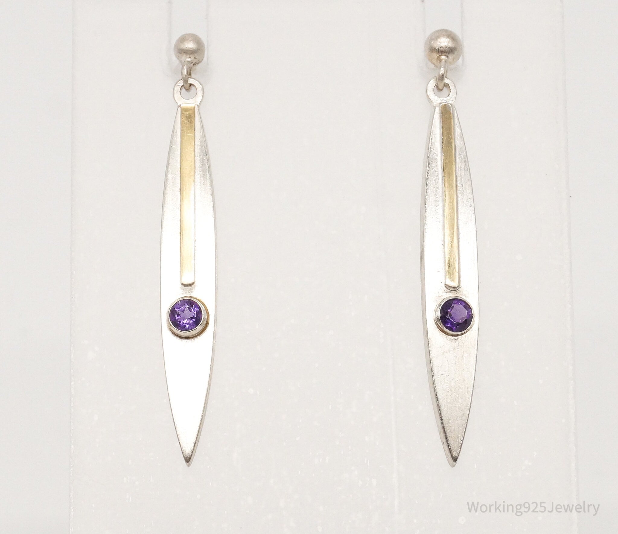 Vintage Amethyst 14K Gold Sterling Silver Dangle Earrings