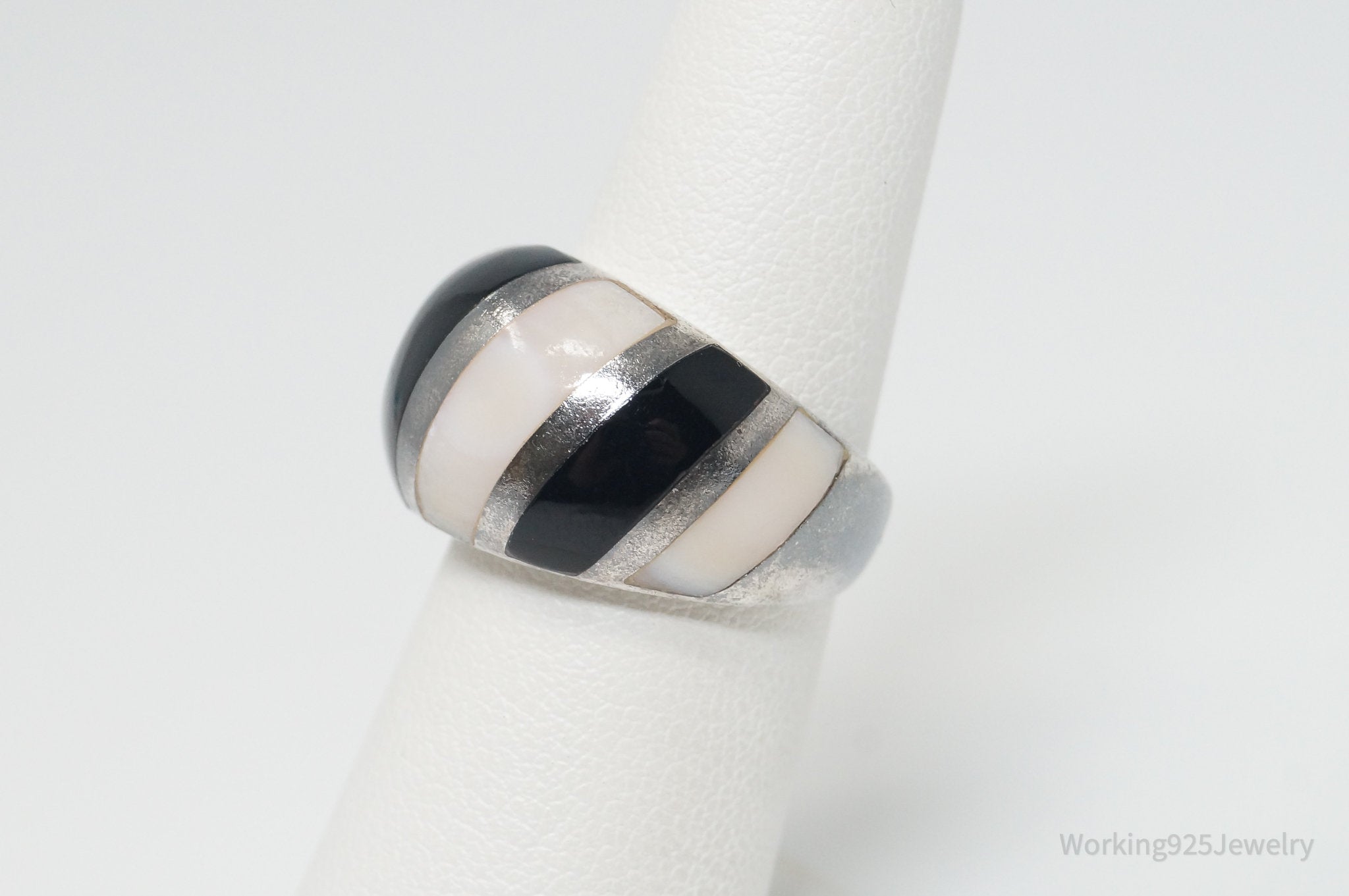 Vintage Mother Of Pearl Black Onyx Art Deco Style Sterling Silver Ring - SZ 5.75