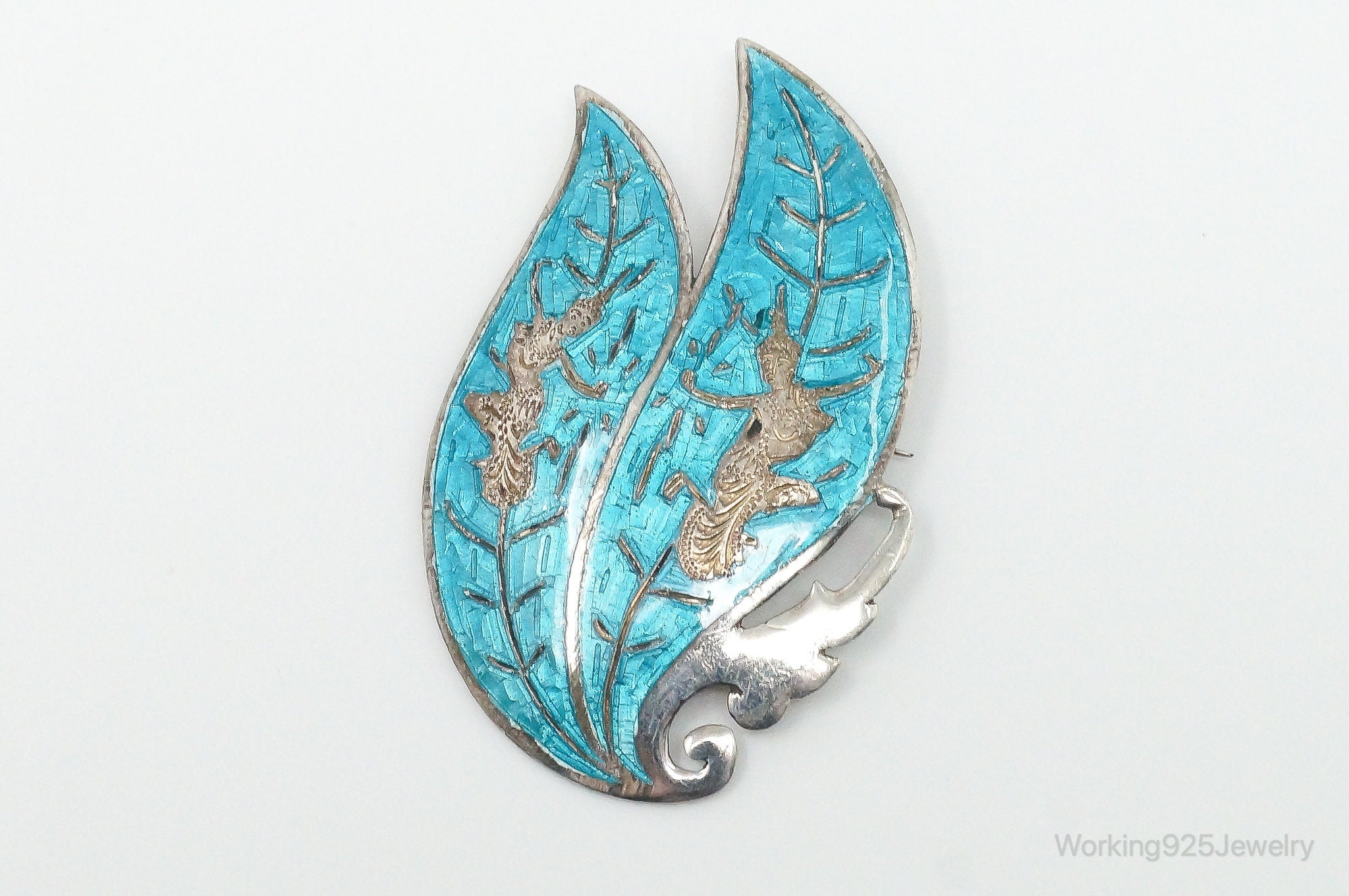 Vintage Designer SIAM Dancer Blue Enamel Sterling Silver Brooch Pin