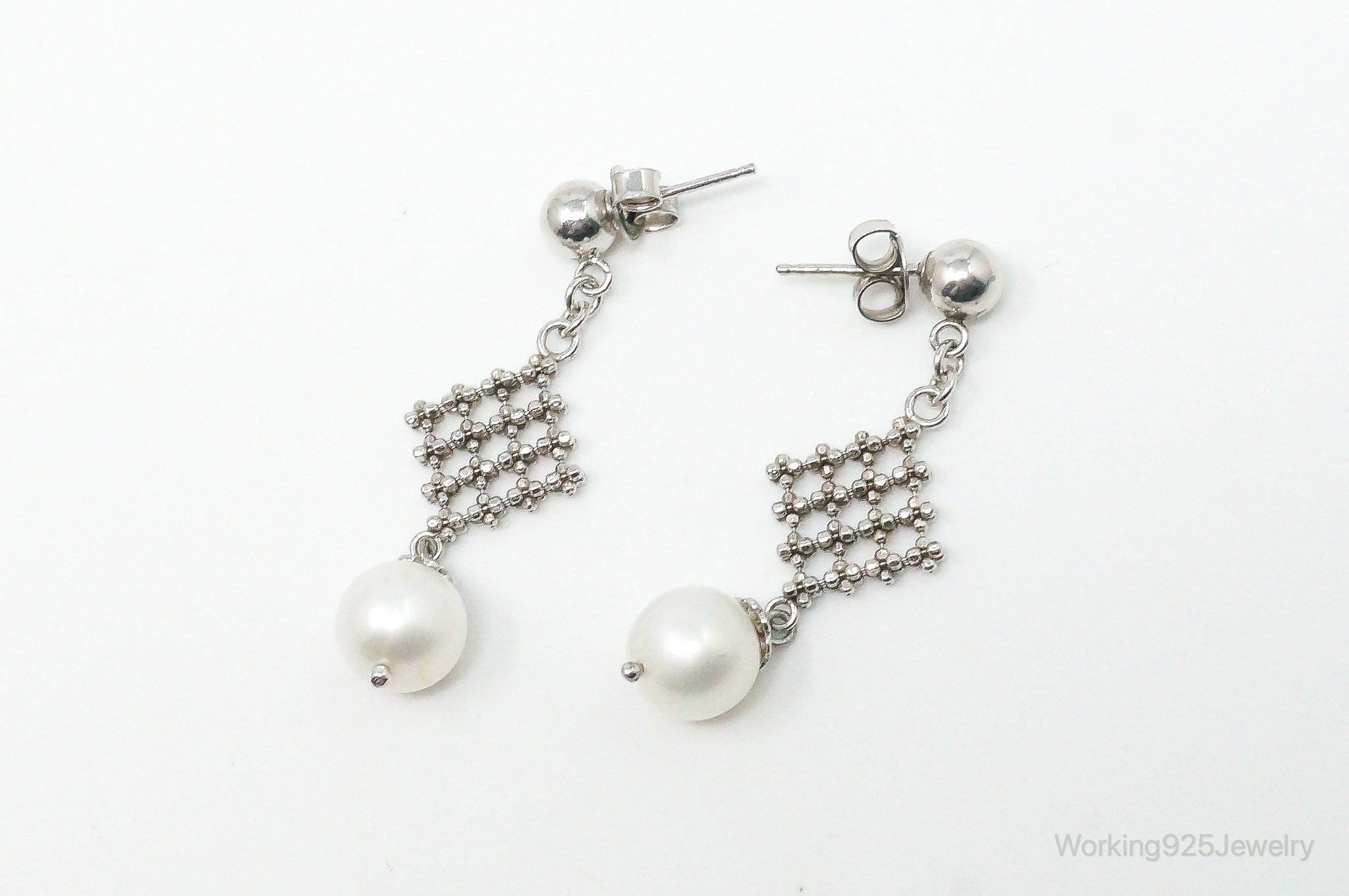 Vintage Faux Pearl Dangle Sterling Silver Earrings