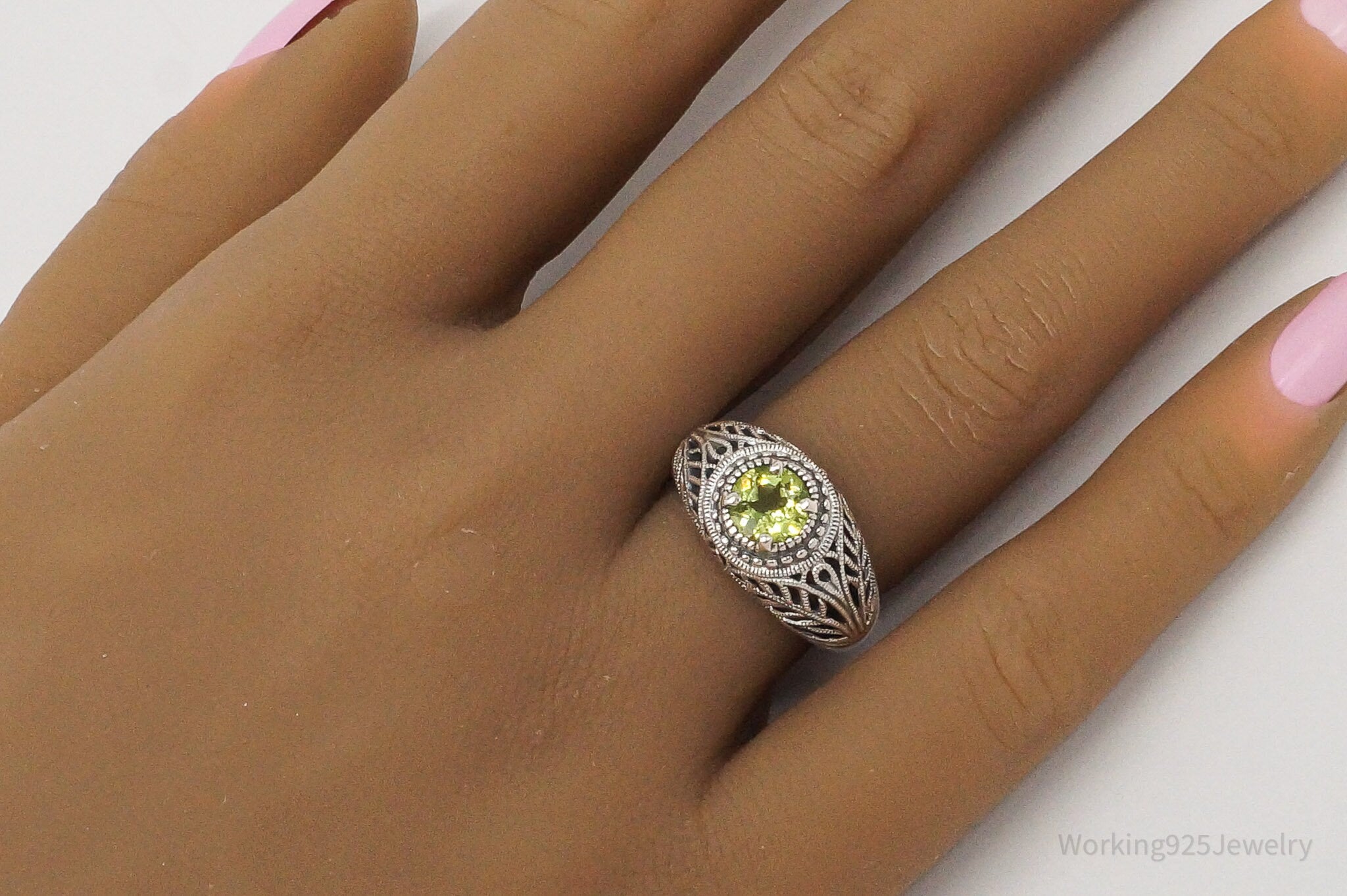 Vintage CNA Peridot Filigree Sterling Silver Ring - Size 6