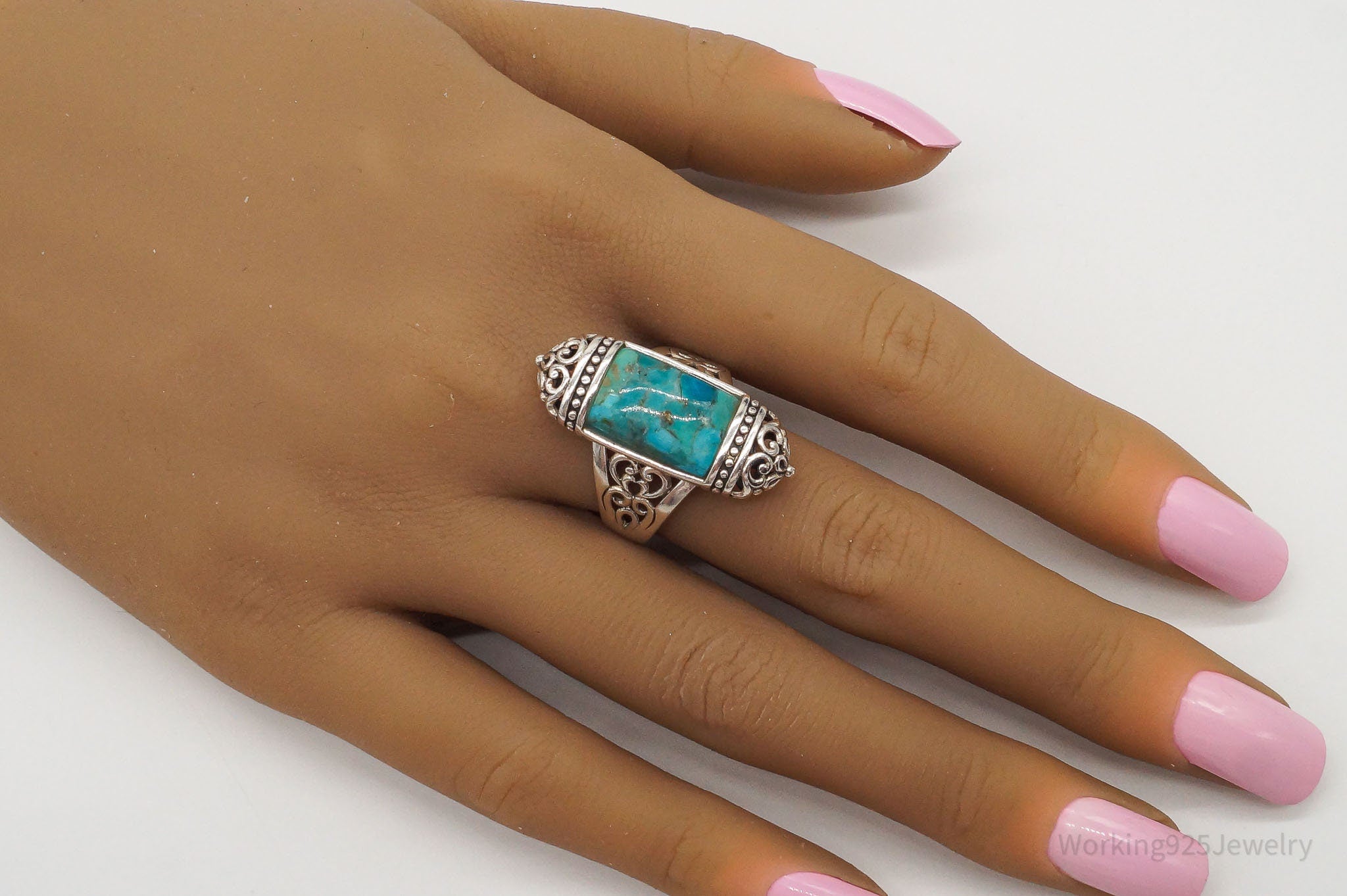 Designer BBJ Turquoise Filigree Sterling Silver Ring - Size 9.5