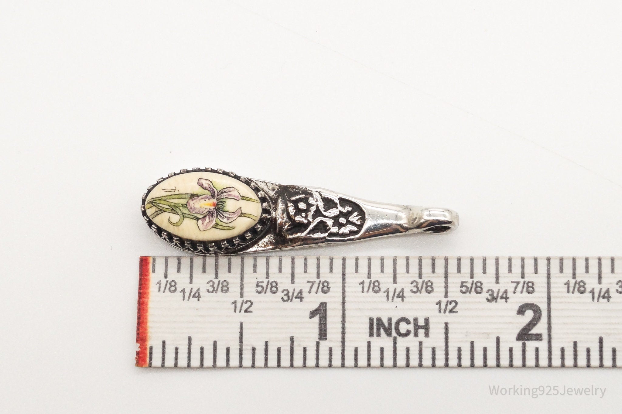 Antique Hand Painted Flower Faux Bone Sterling Silver Pendant