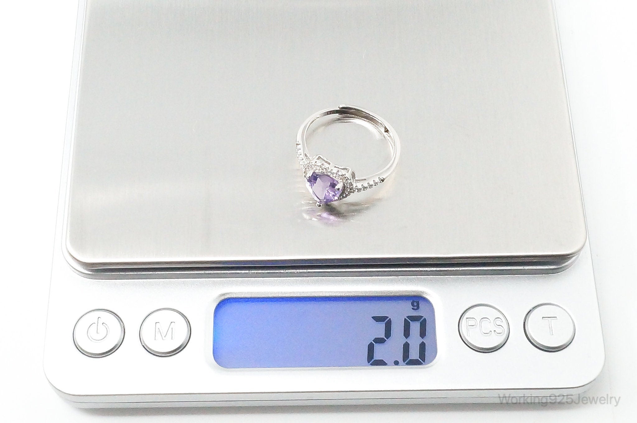 Large Amethyst Heart Cubic Zirconia Sterling Silver Ring - Size 7.25 Adjustable