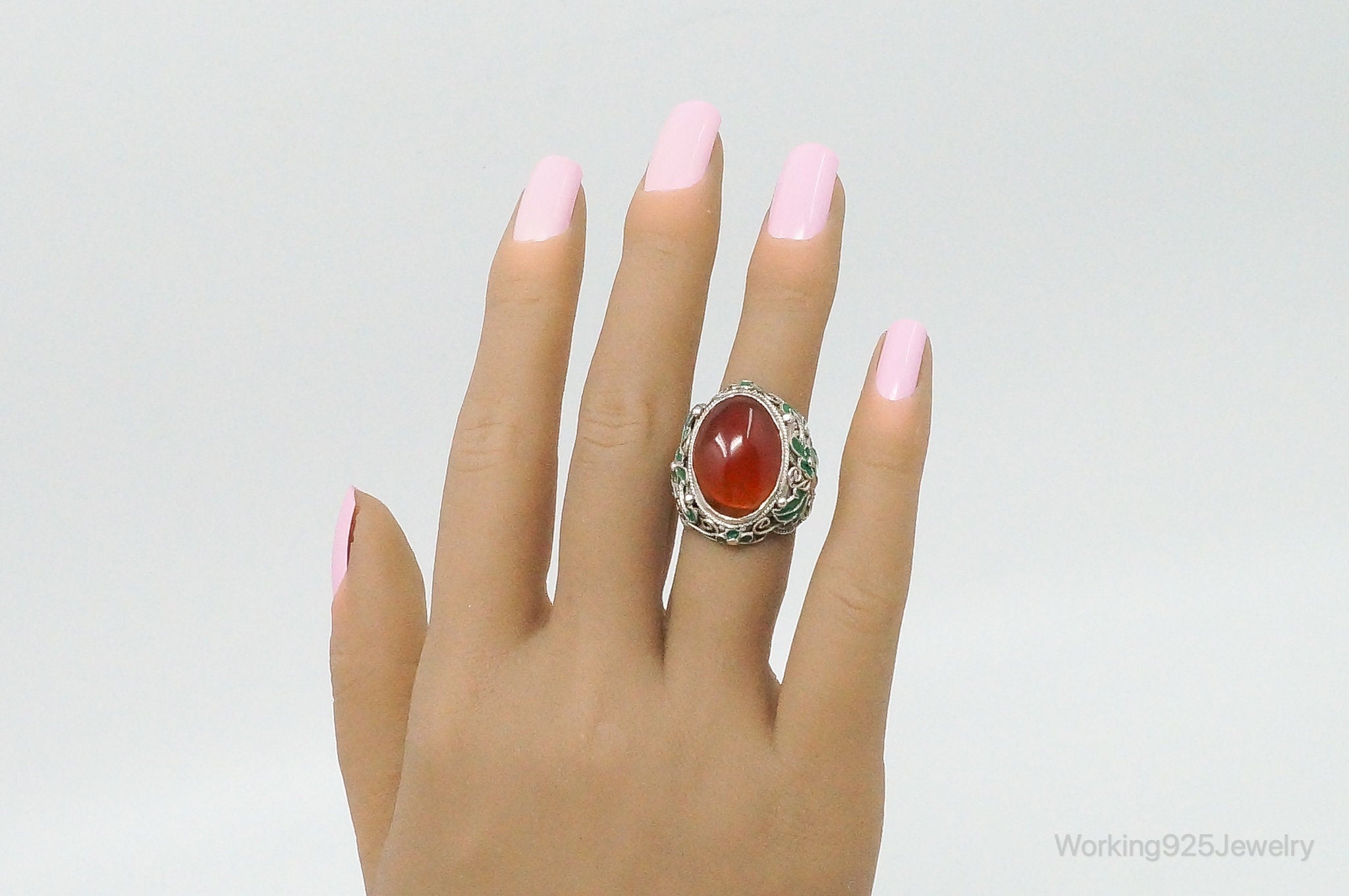 Vintage Large Carnelian Enamel Filigree Silver Ring - Size 5.25