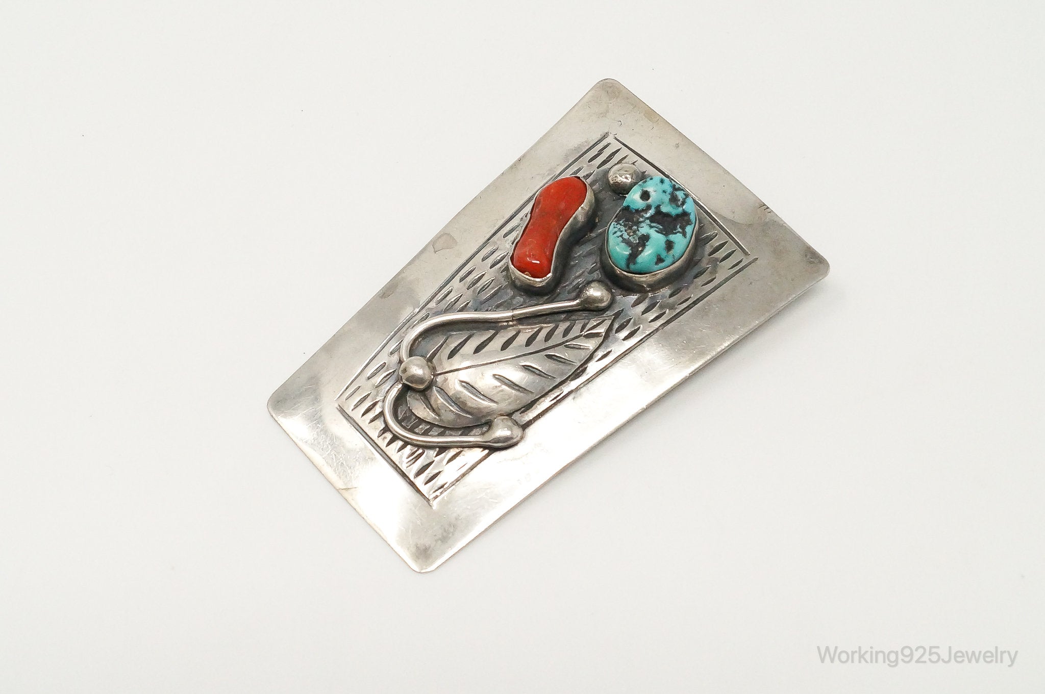 Native American David F Garcia Turquoise Coral Sterling Silver Bolo Tie Clip