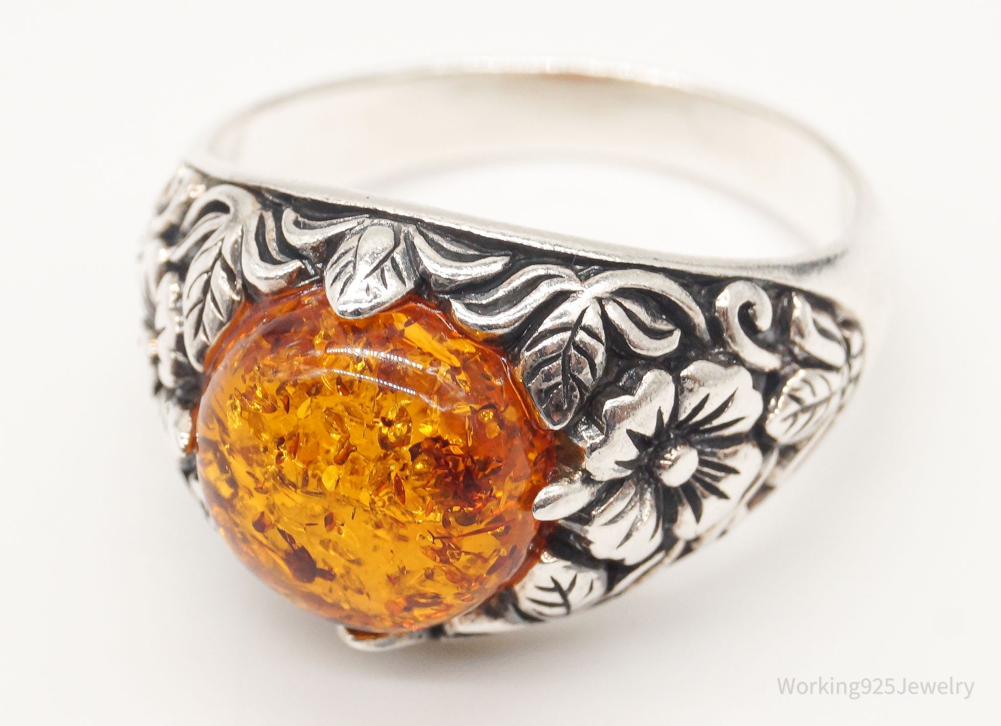 Vintage Designer BBJ Large Amber Floral Sterling Silver Ring - Size 10.75