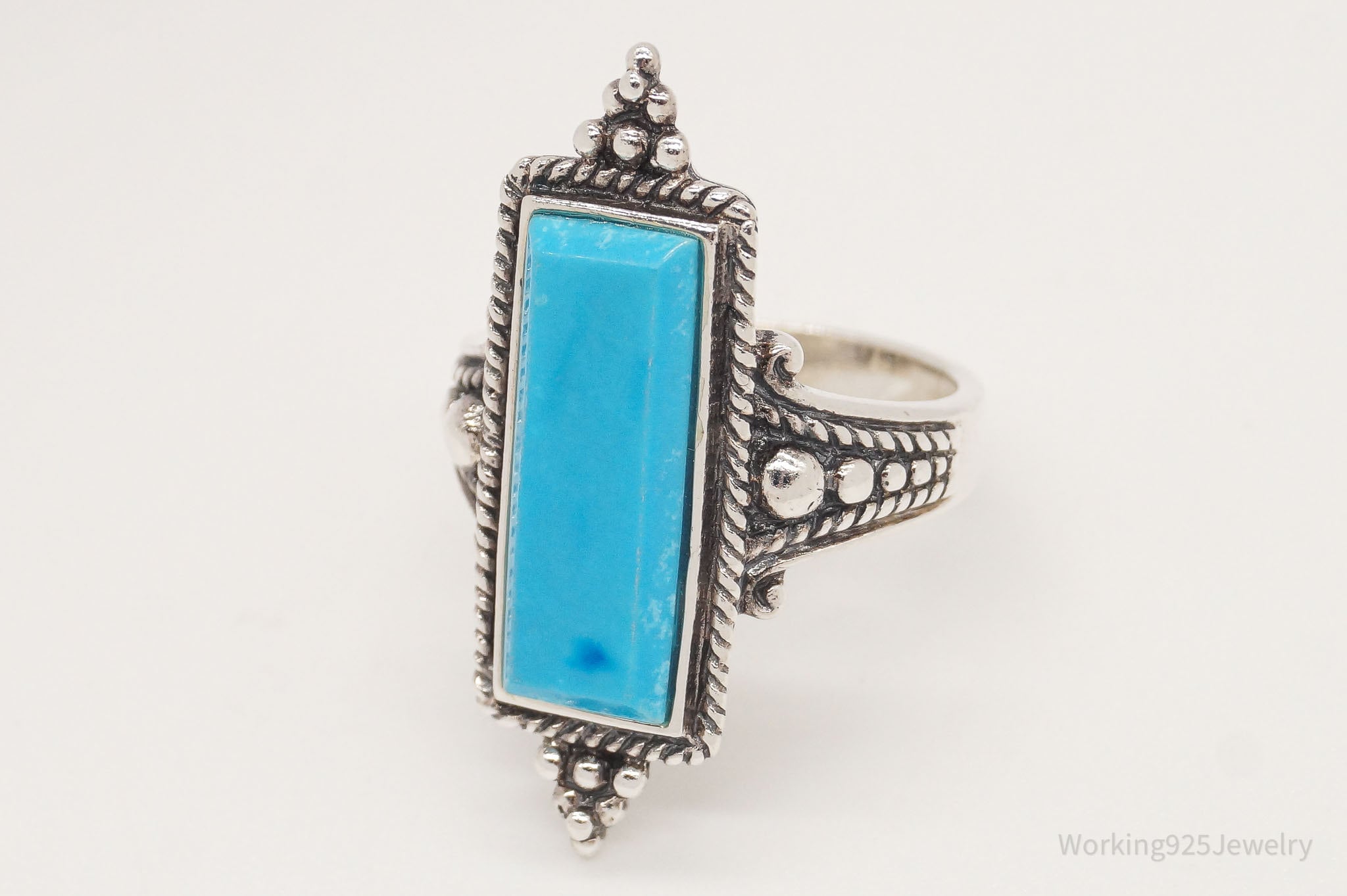 Vintage Bali Style Blue Turquoise Filigree Sterling Silver Ring - Size 6.75