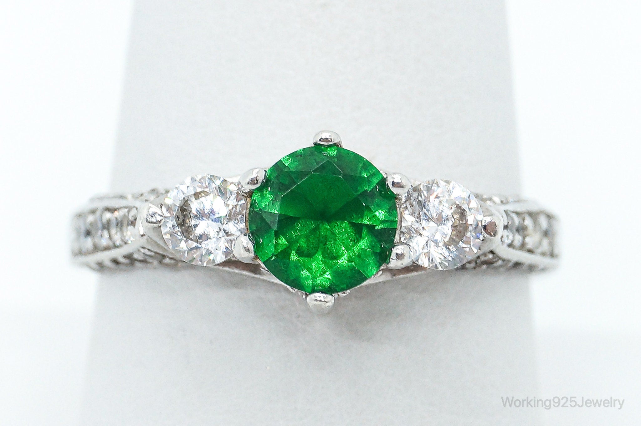 Vintage Lab Emerald Cubic Zirconia Sterling Silver Ring - Size 9