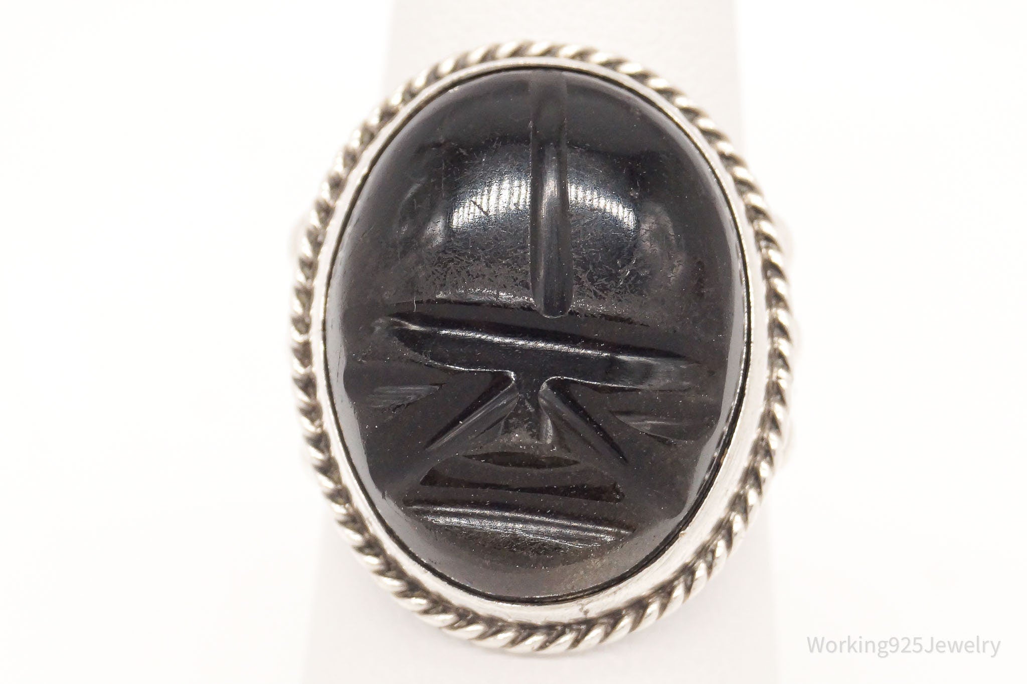 Vintage Carved Black Onyx Mask Silver Ring - Size 7.25