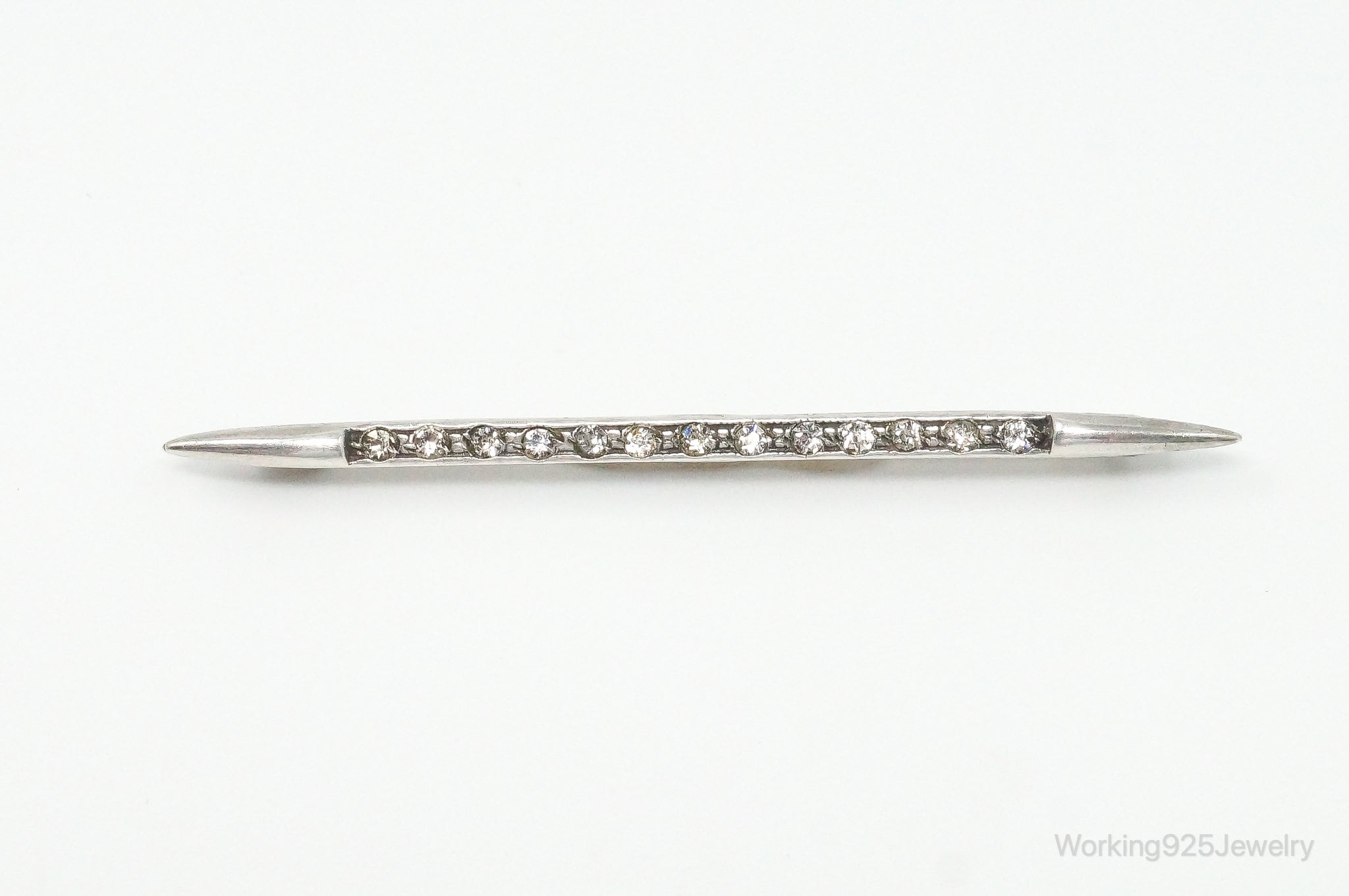 Antique Victorian Rhinestone Sterling Silver Brooch Pin Bar