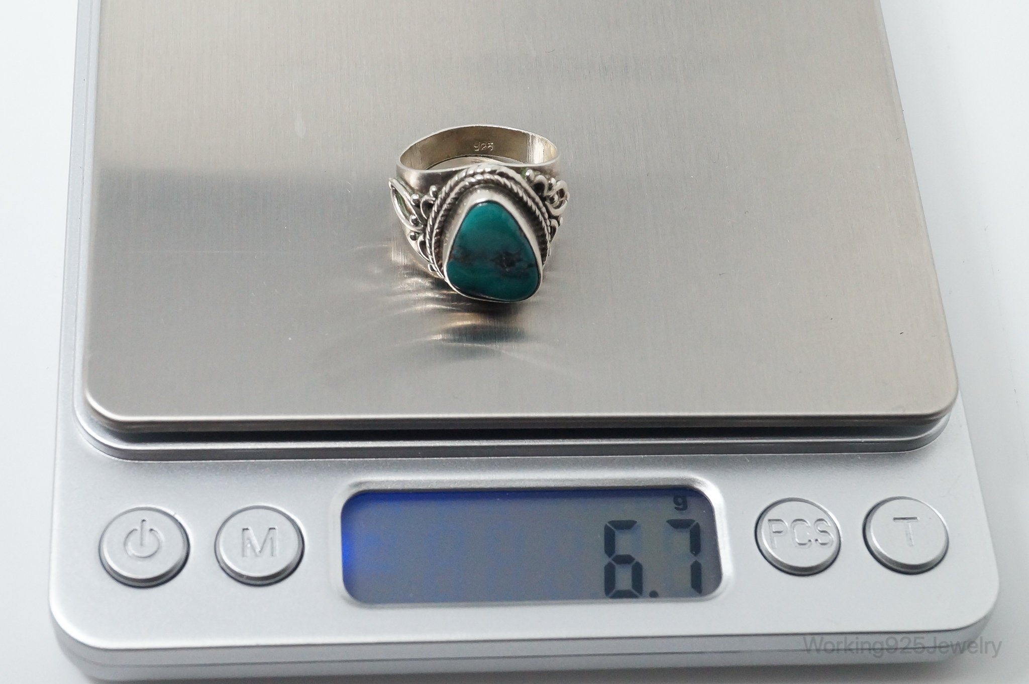 Vintage Bali Style Turquoise Filigree Sterling Silver Ring - Size 7.25