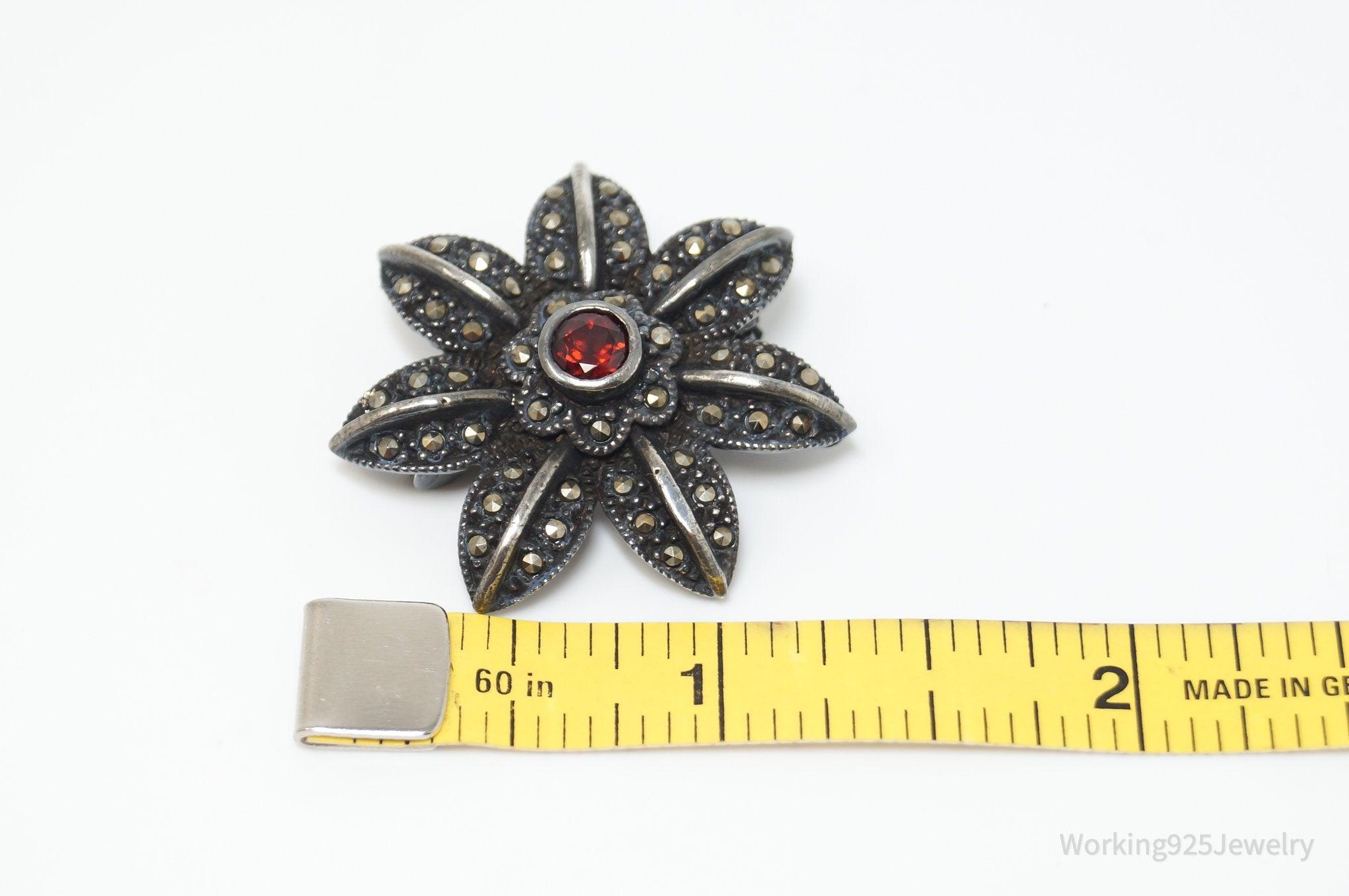 Vintage Garnet Marcasite Art Deco Style Floral Sterling Silver Brooch Pin