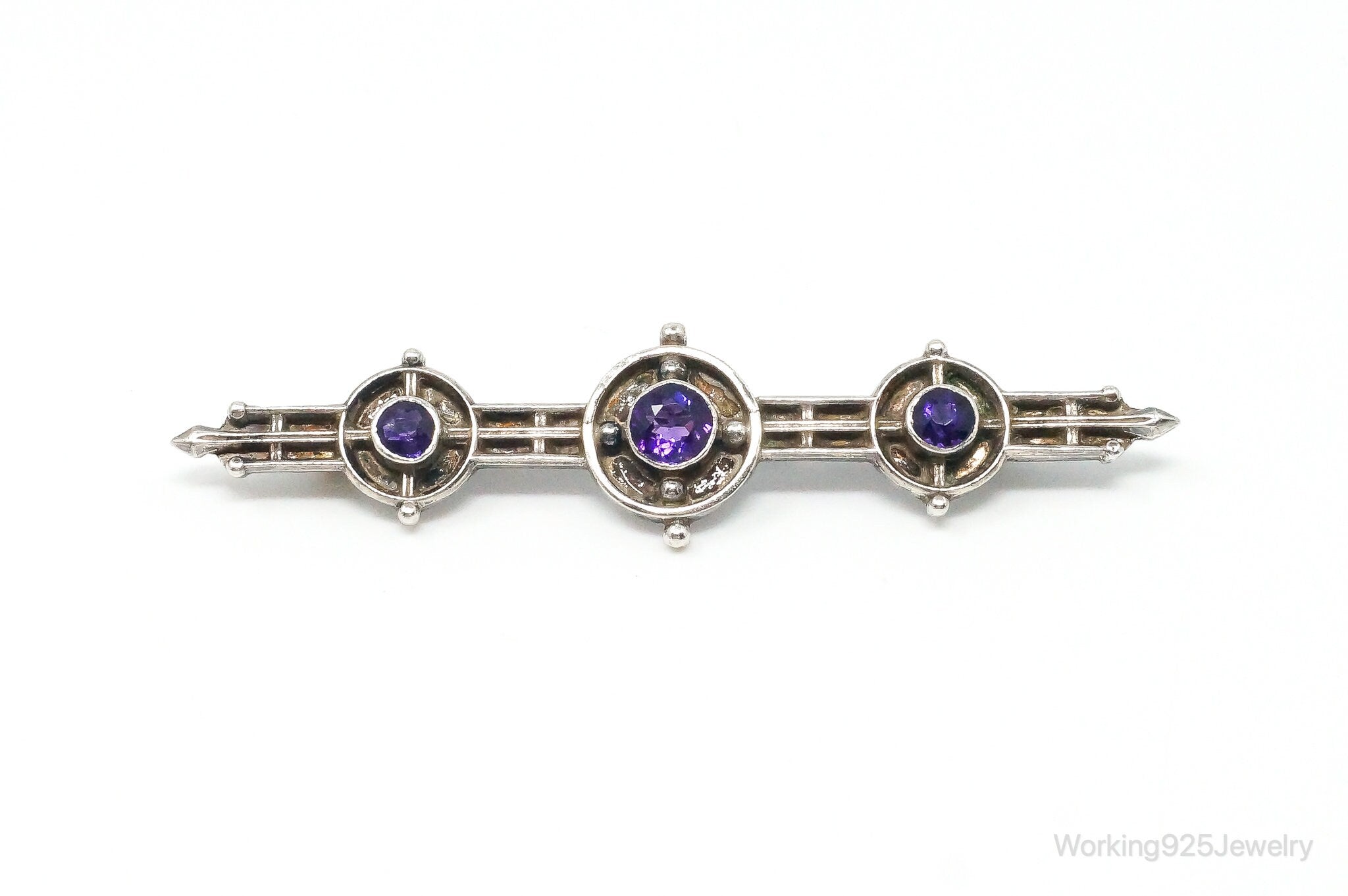 Antique Amethyst Sterling Silver Brooch Pin Bar