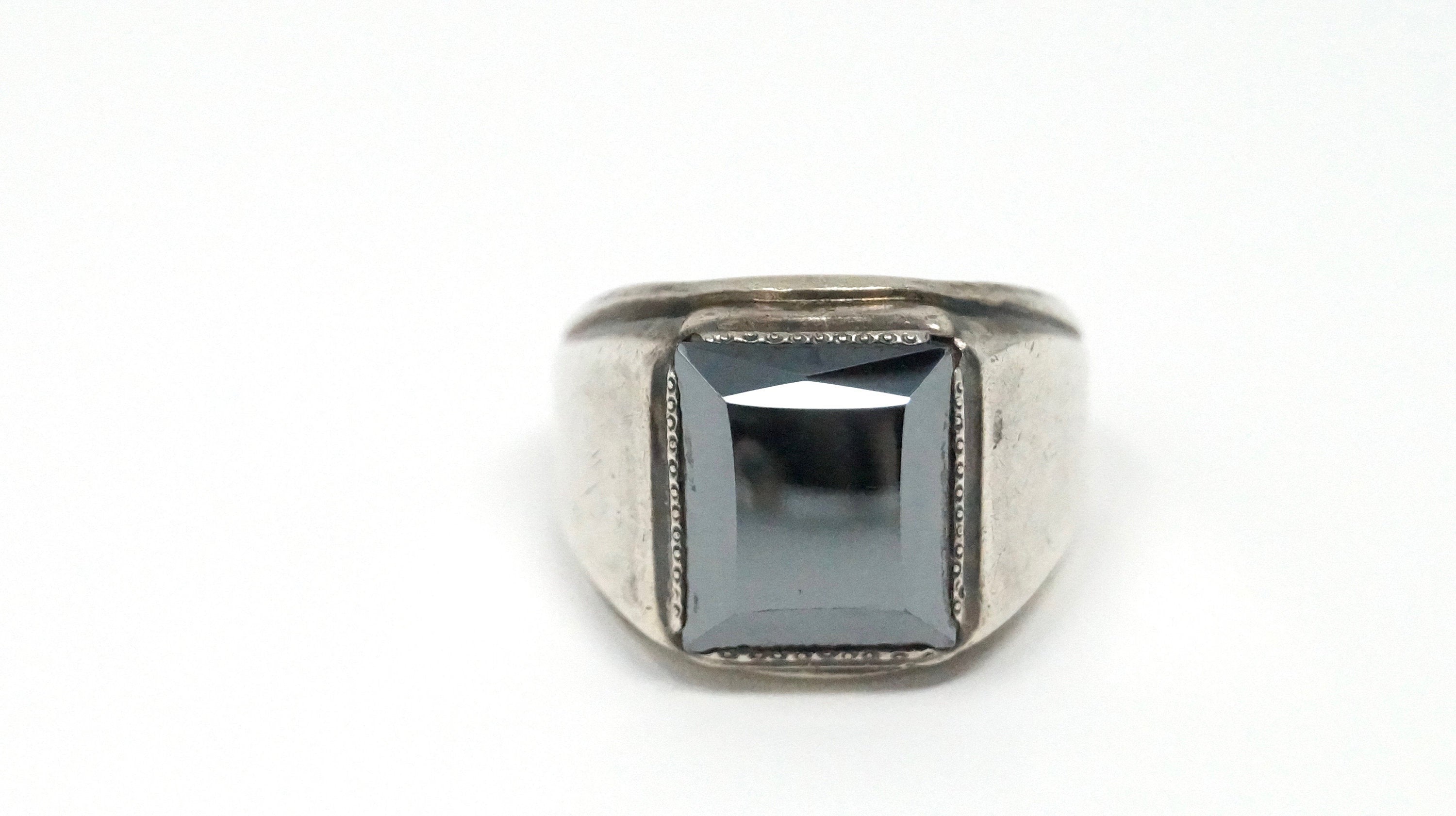 Vintage Designer Signed Hematite Sterling Silver Ring - Size 12