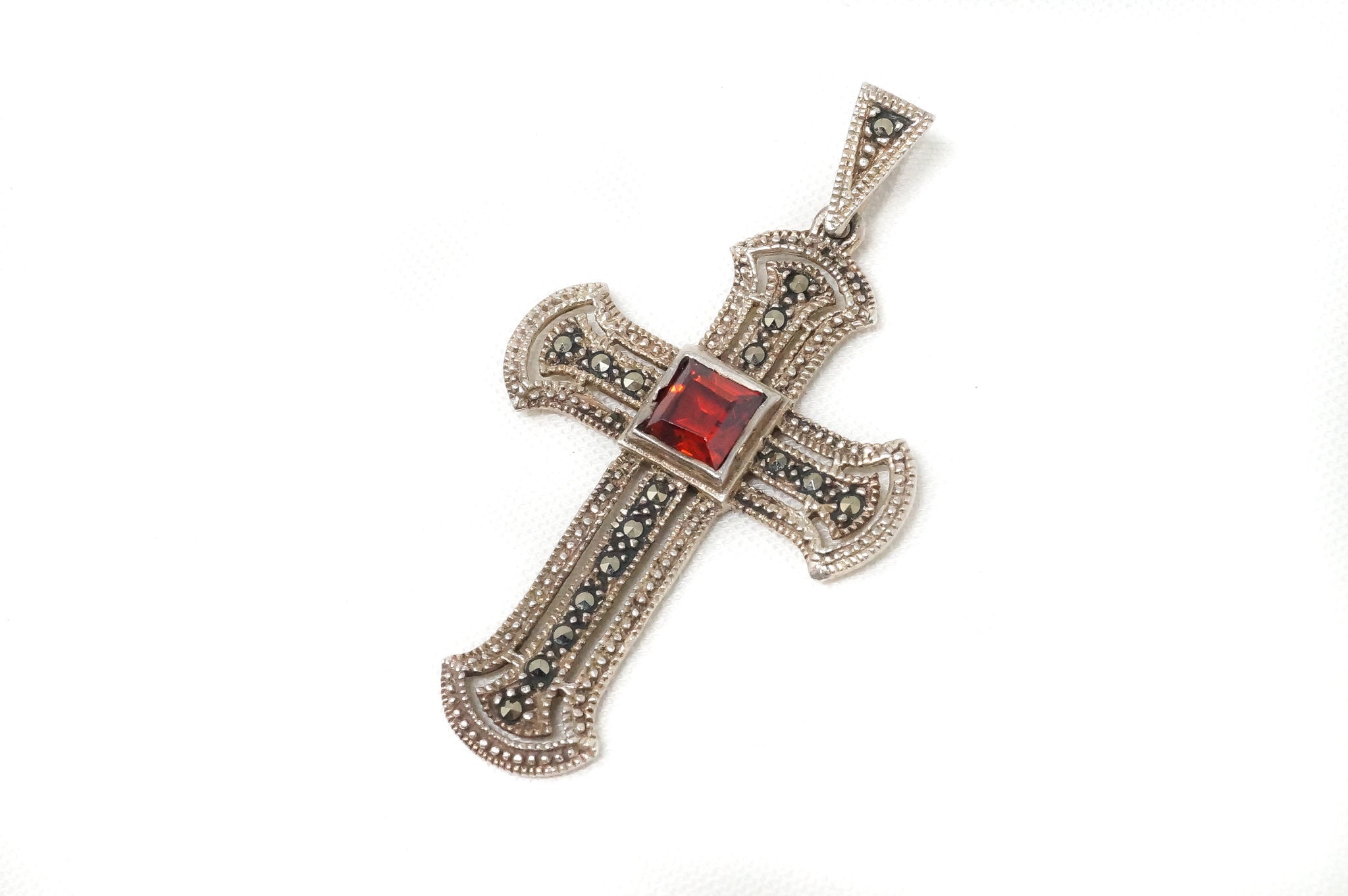 Vintage Garnet Marcasite Cross Sterling Silver Necklace Pendant