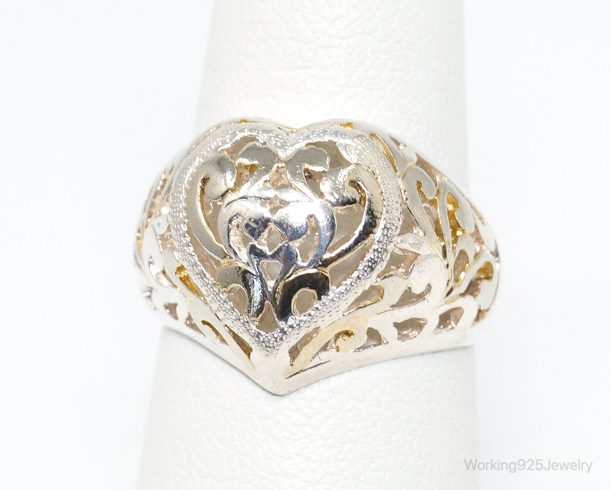 Vintage Designer SU Motif Cut Out Heart Gold Wash Sterling Silver Ring - SZ 7