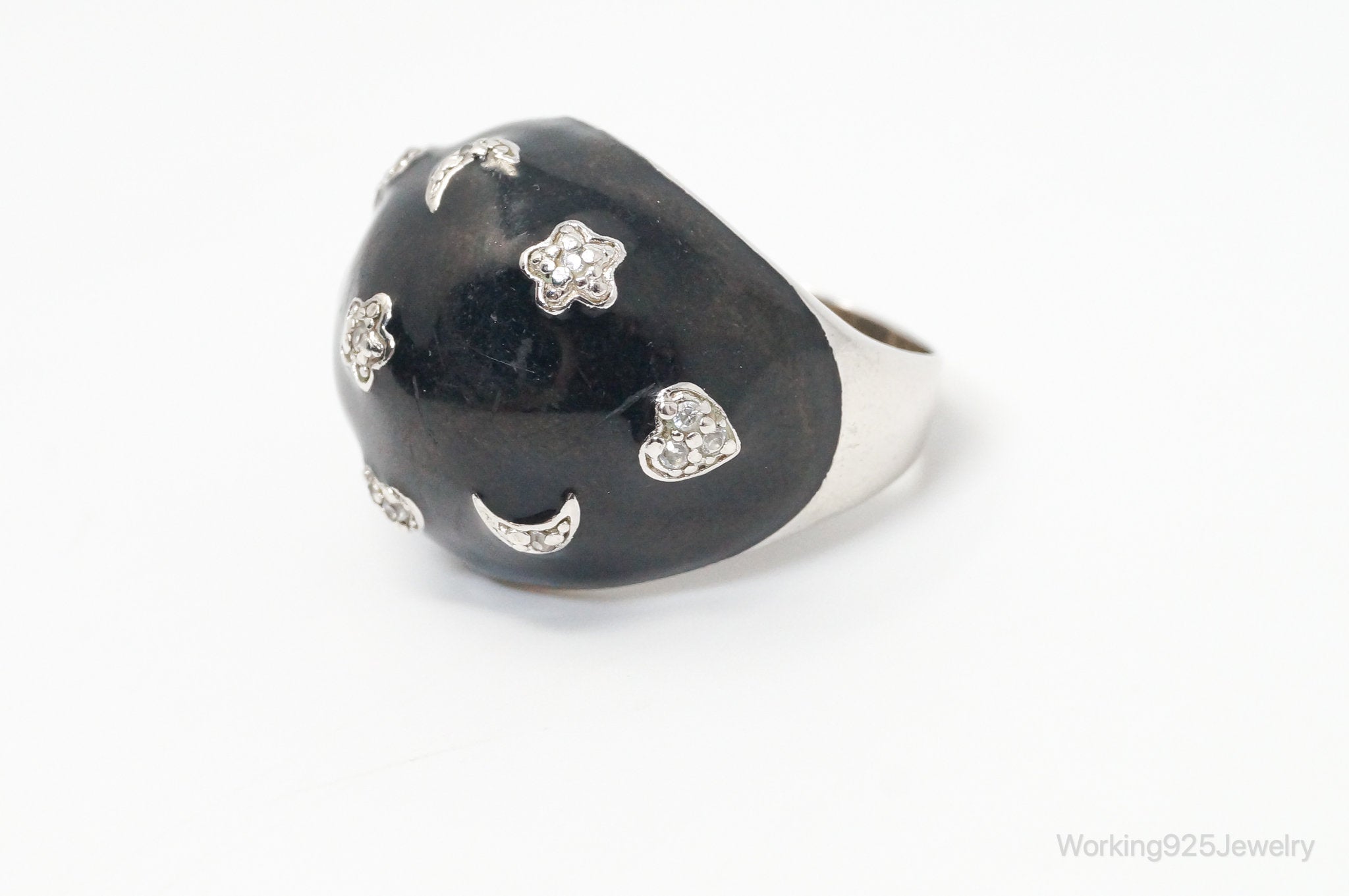 Vintage Designer CSF Black CZ Stars Moons Hearts Sterling Silver Ring - Size 8