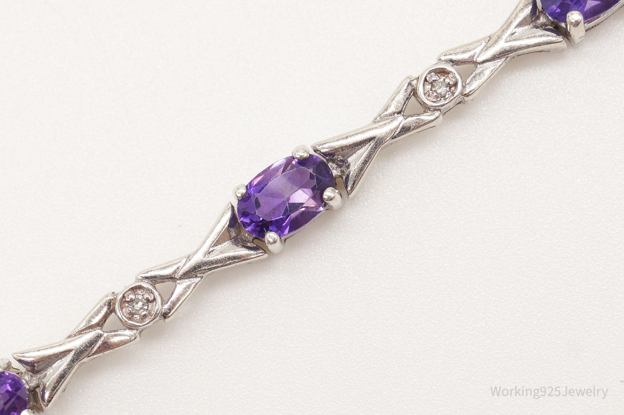 Vintage Amethyst Two Diamonds Sterling Silver Bracelet